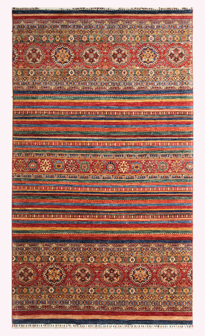 6x10 Stripe Tribal Multicolor Afghan Hand knotted Rug - Yildiz Rugs