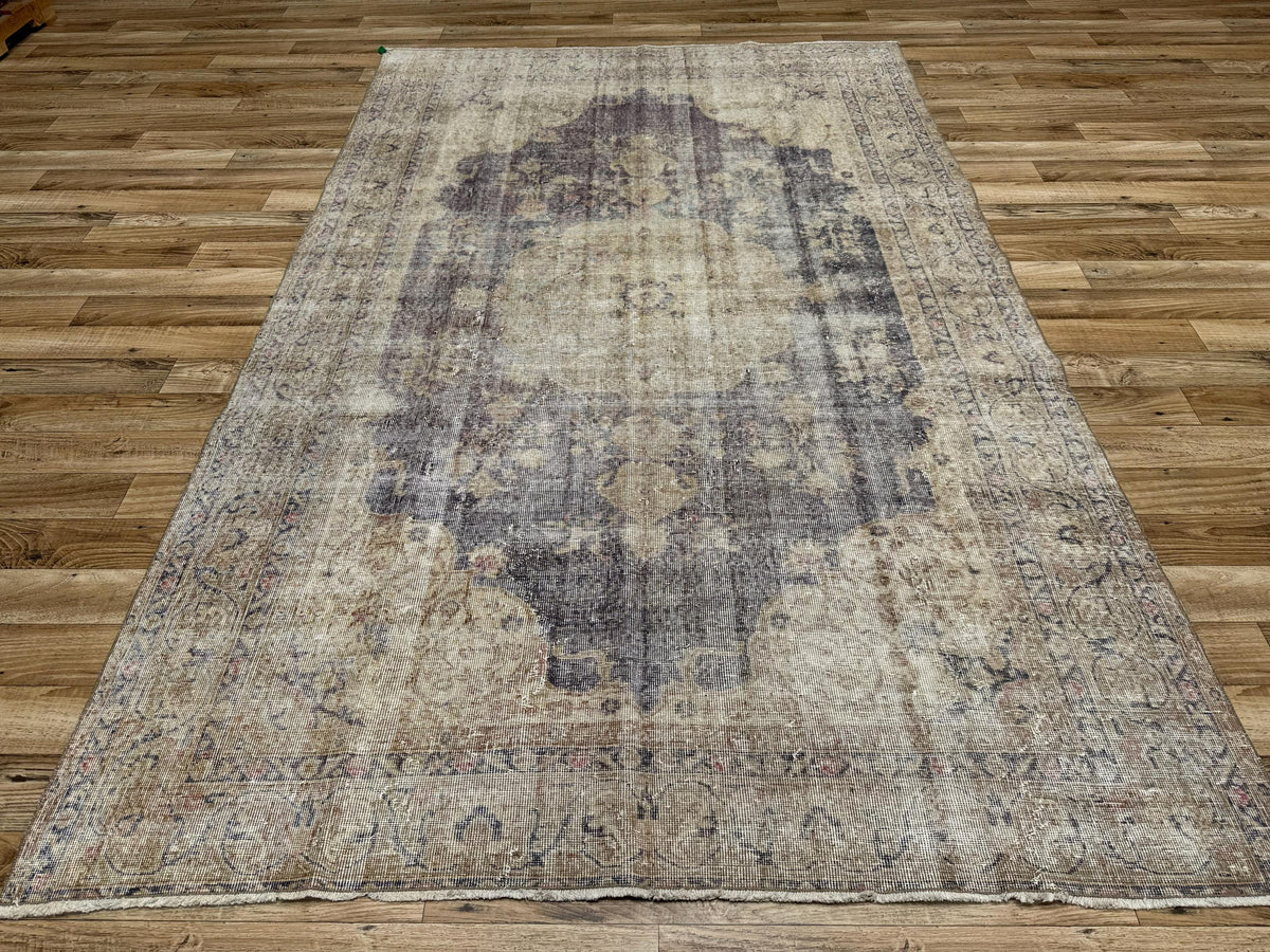 6'2"x9'10" Vintage Lavender Gray Hand-Knotted Wool Turkish Rug