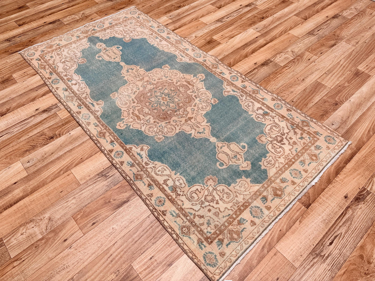 3'7"x7'2" Vintage Blue Hand-Knotted Wool Turkish Rug