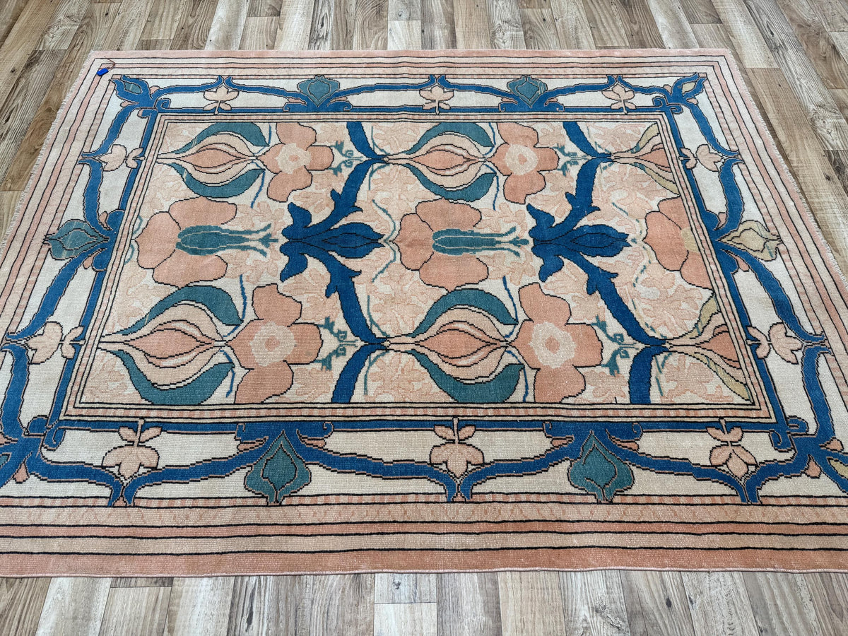 5'9"x7'6" Vintage Peach Blue Hand-Knotted Turkish Rug - Yildiz Rugs