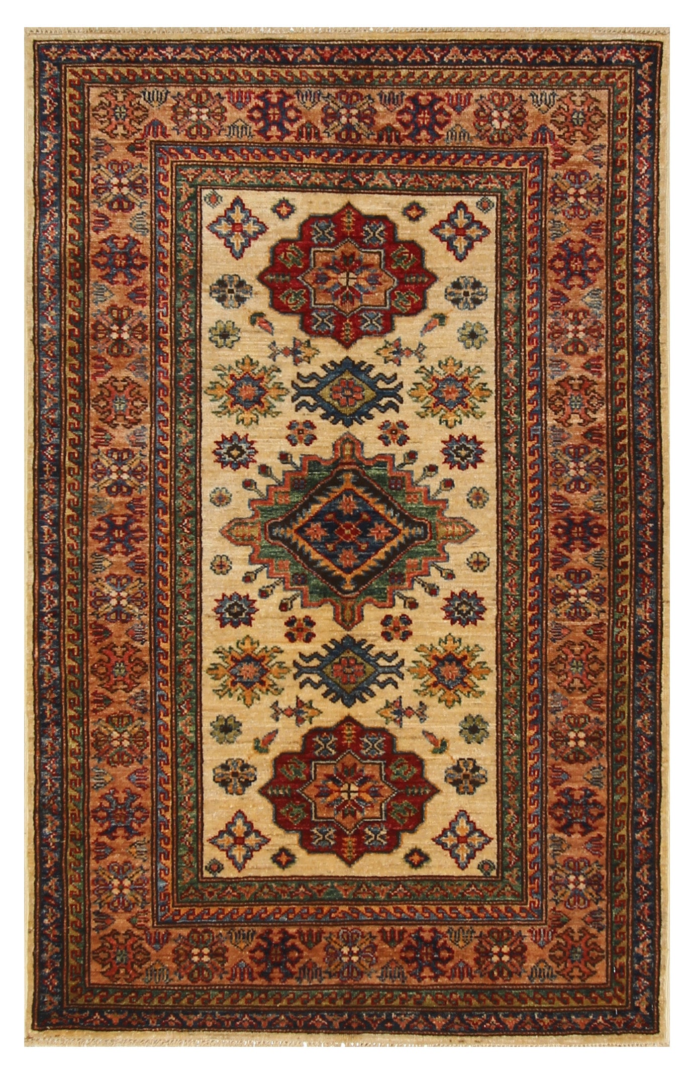 3x5 Beige Afghan Kazak Hand knotted Rug - Yildiz Rugs
