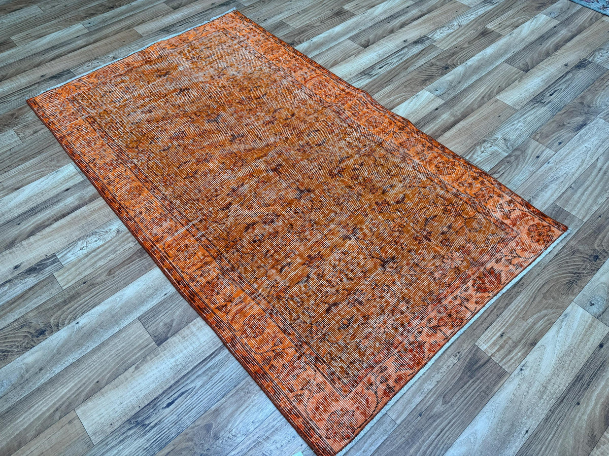 3'10"x6'6" Vintage Orange Hand-Knotted Wool Turkish Rug
