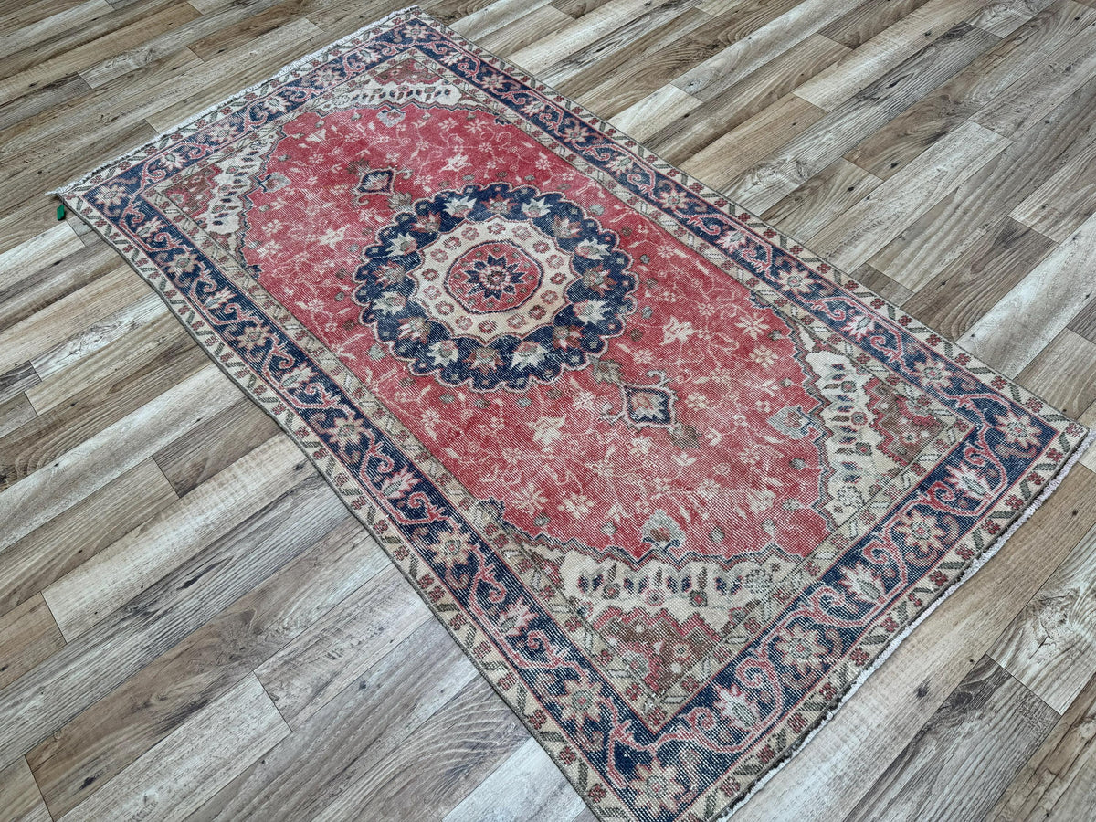 3'7"x6'9" Vintage Muted Red Hand-Knotted Wool Turkish Rug
