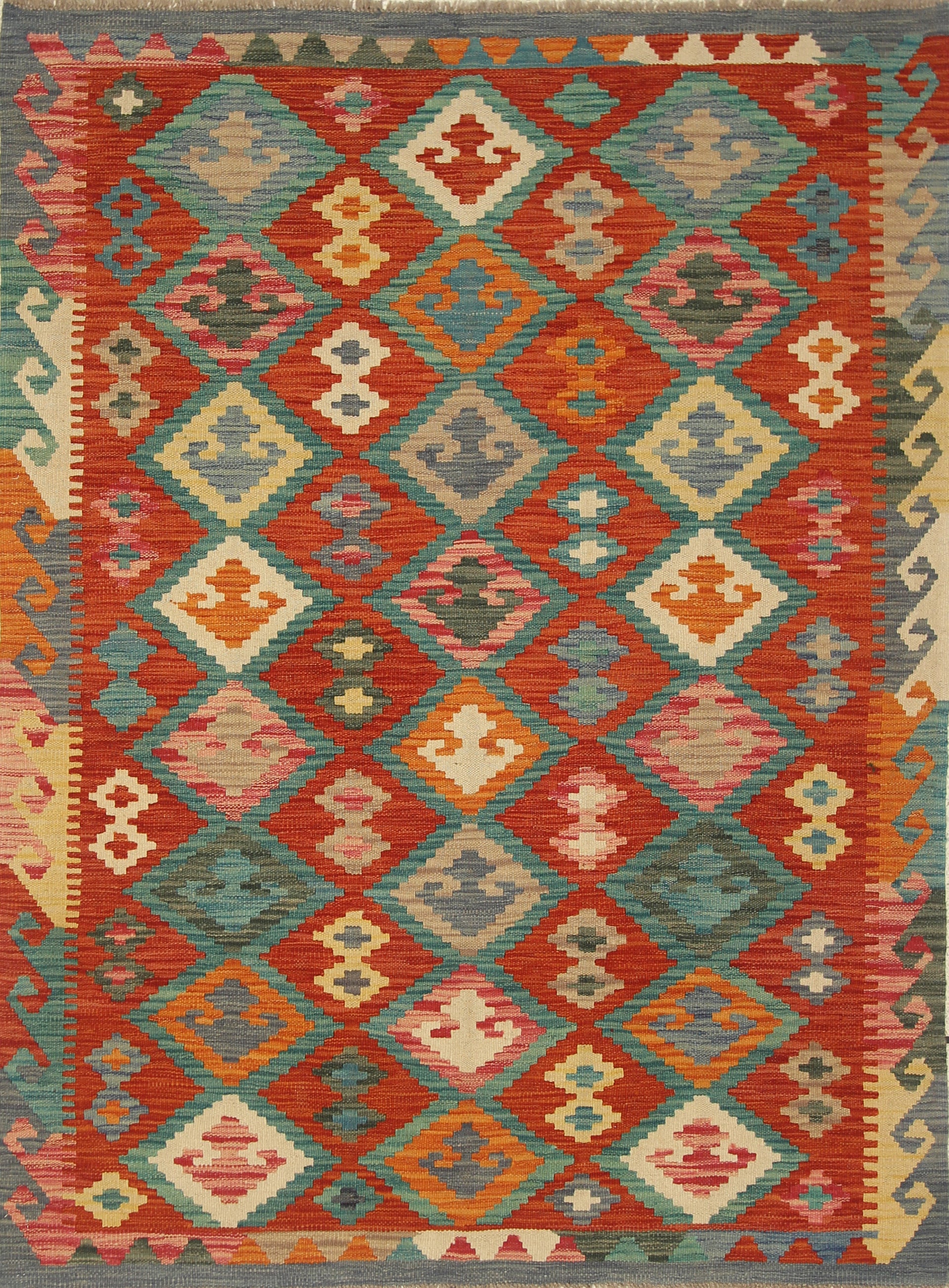 4x6 Red Afghan Handmade Geometric Kilim Rug