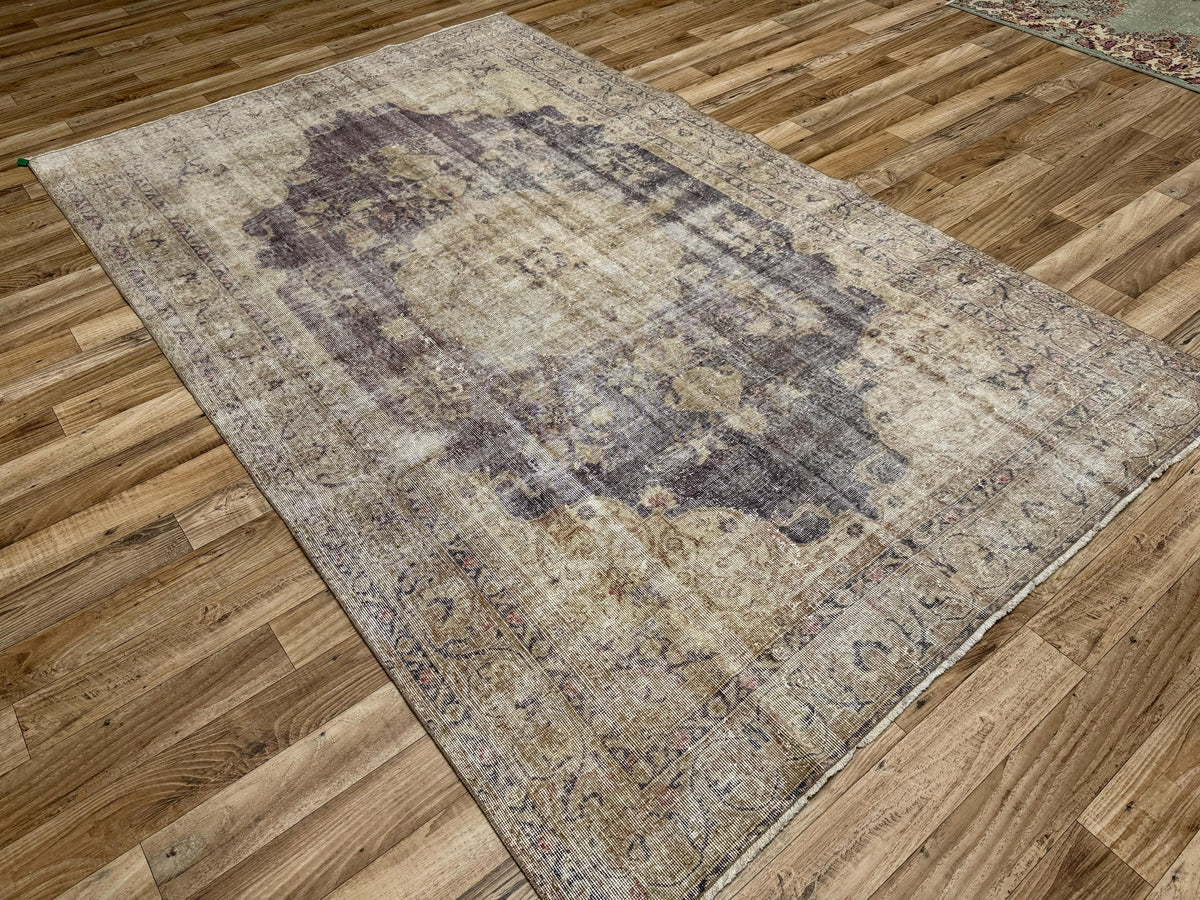 6'2"x9'10" Vintage Lavender Gray Hand-Knotted Wool Turkish Rug