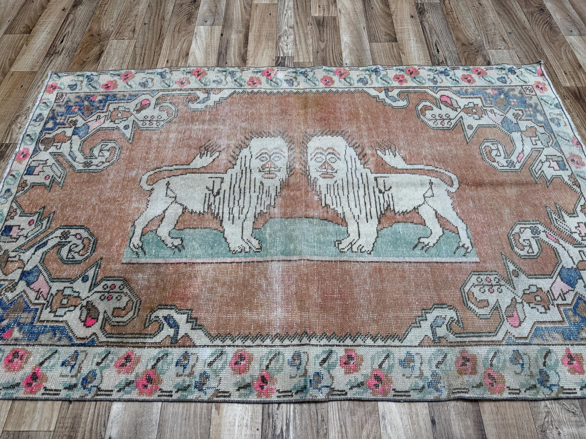 4'3"x6'11" Vintage Faded Terracotta Hand-Knotted Wool Turkish Rug - Yildiz Rugs
