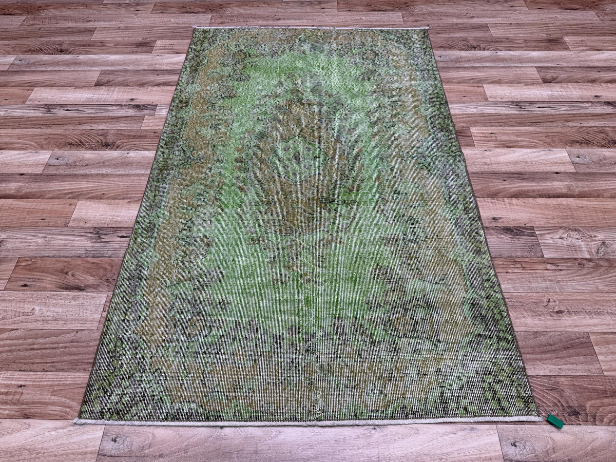 3'6"x6'1" Vintage Green Hand-Knotted Wool Turkish Rug