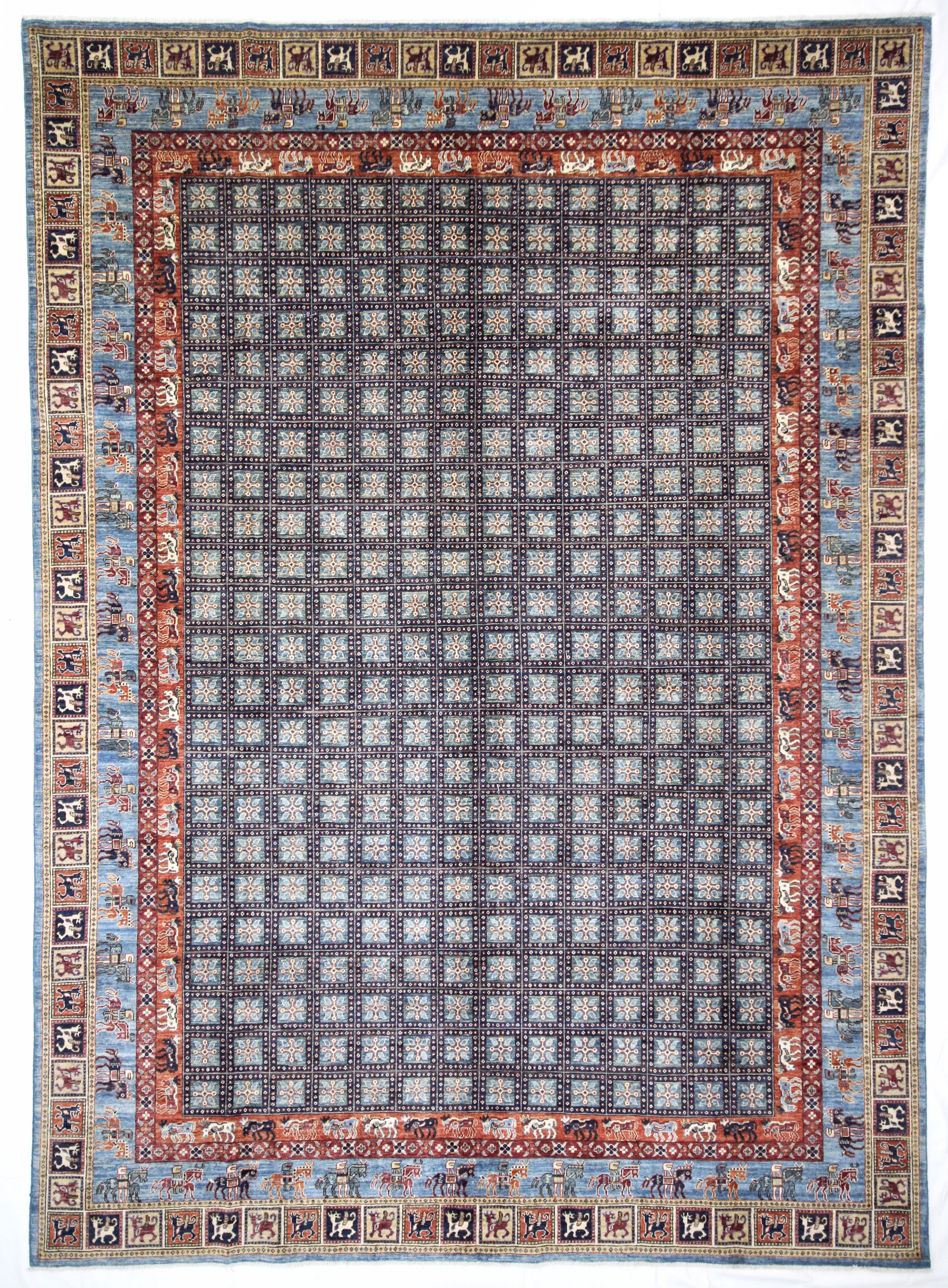 10x14 Blue Pazyryk Afghan Hand-Knotted Rug