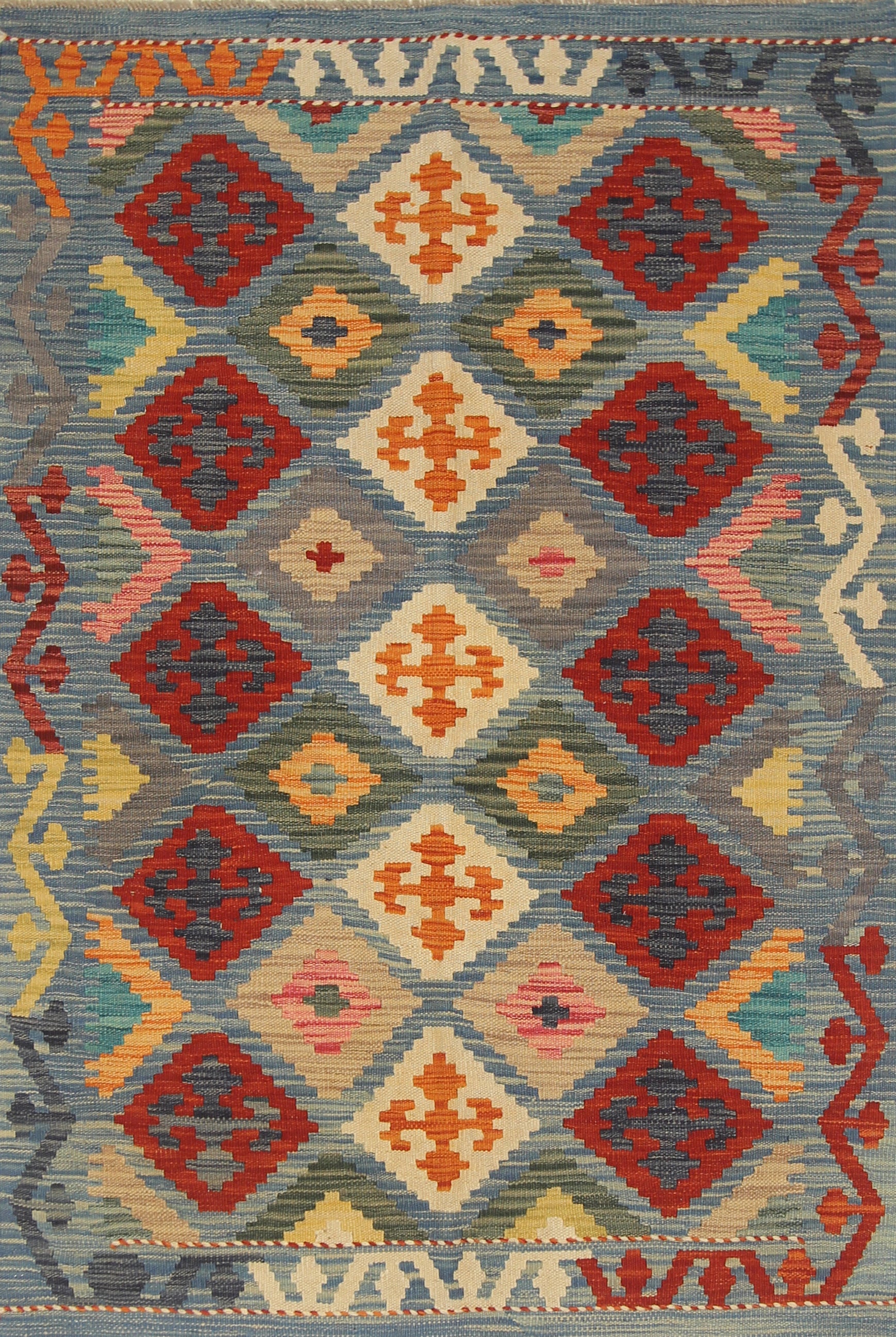 3x5 Blue Afghan Handmade Geometric Kilim Rug