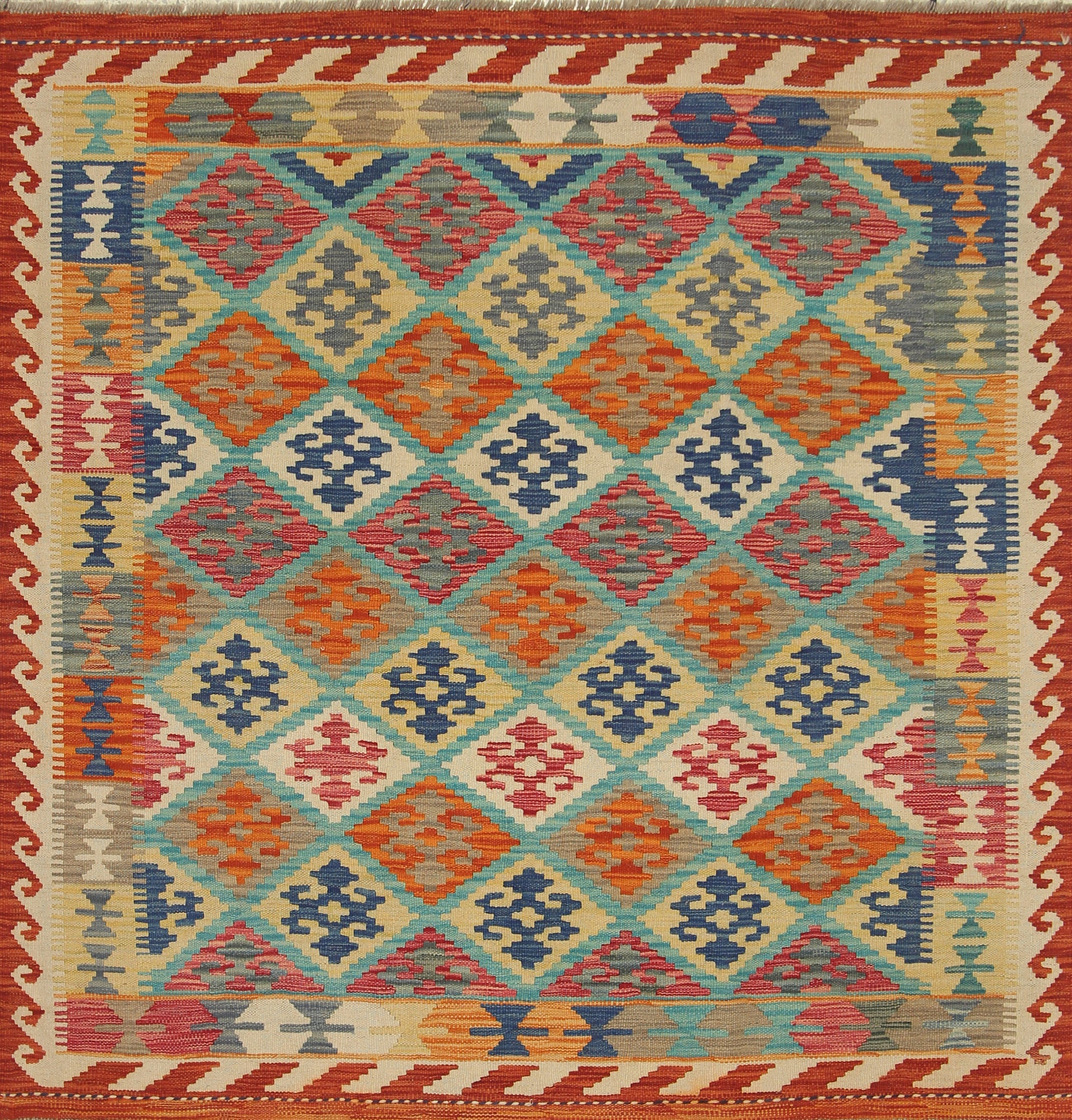 5x5 Blue Afghan Handmade Wool Square Kilim Rug