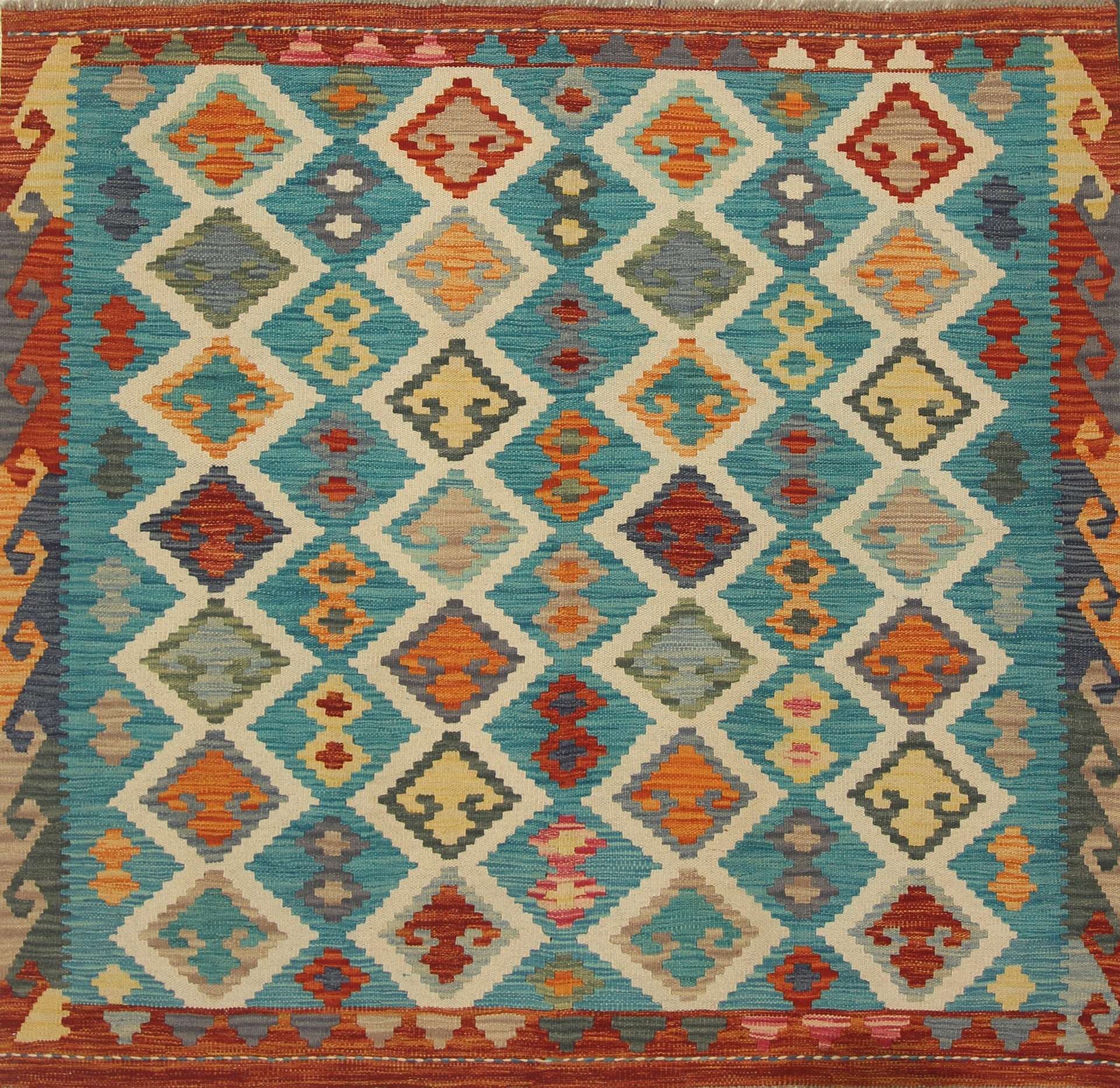 5x5 Turquoise Blue Afghan Handmade Wool Square Kilim Rug