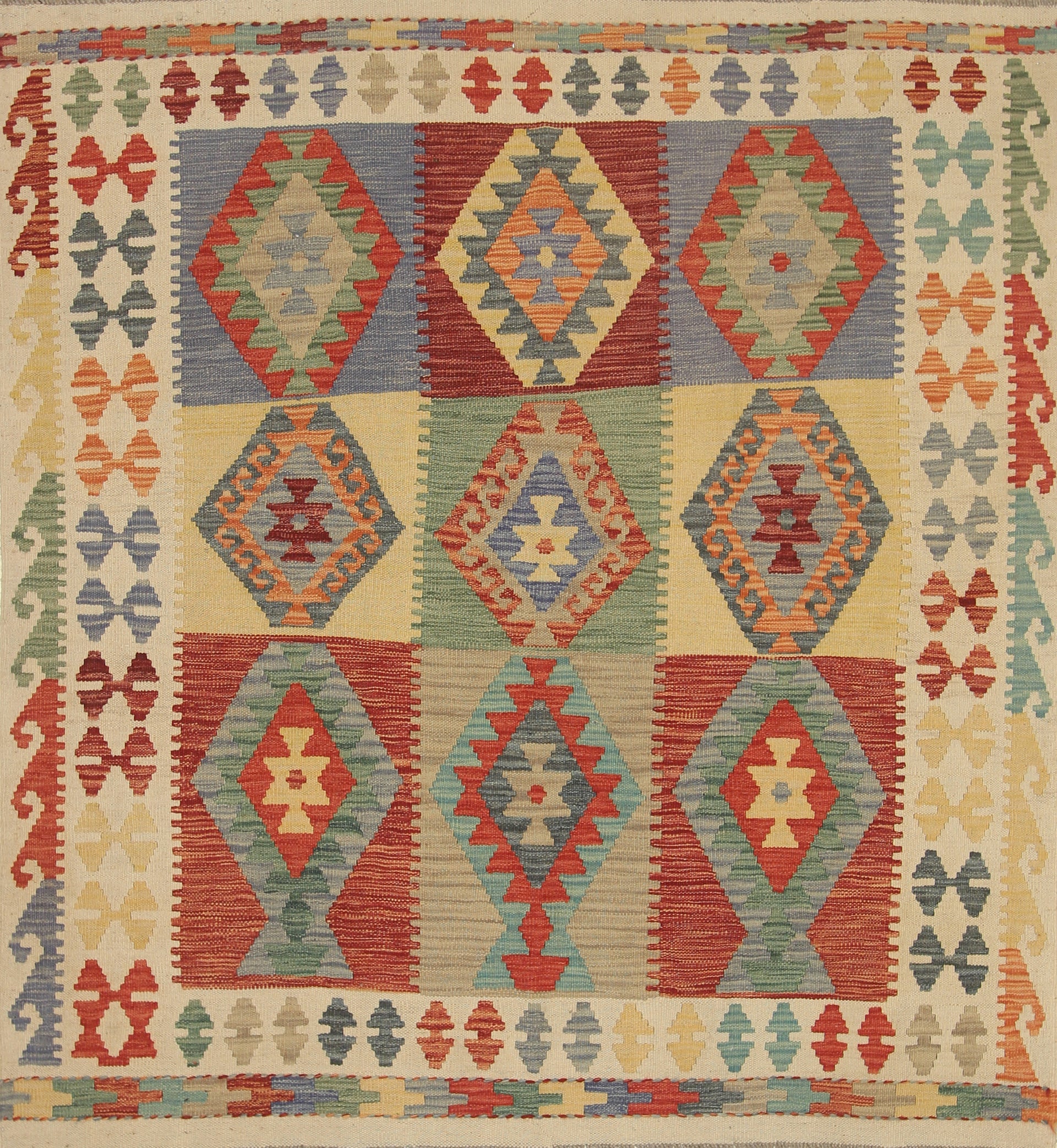 5x5 Ivory Beige Afghan Handmade Wool Square Kilim Rug