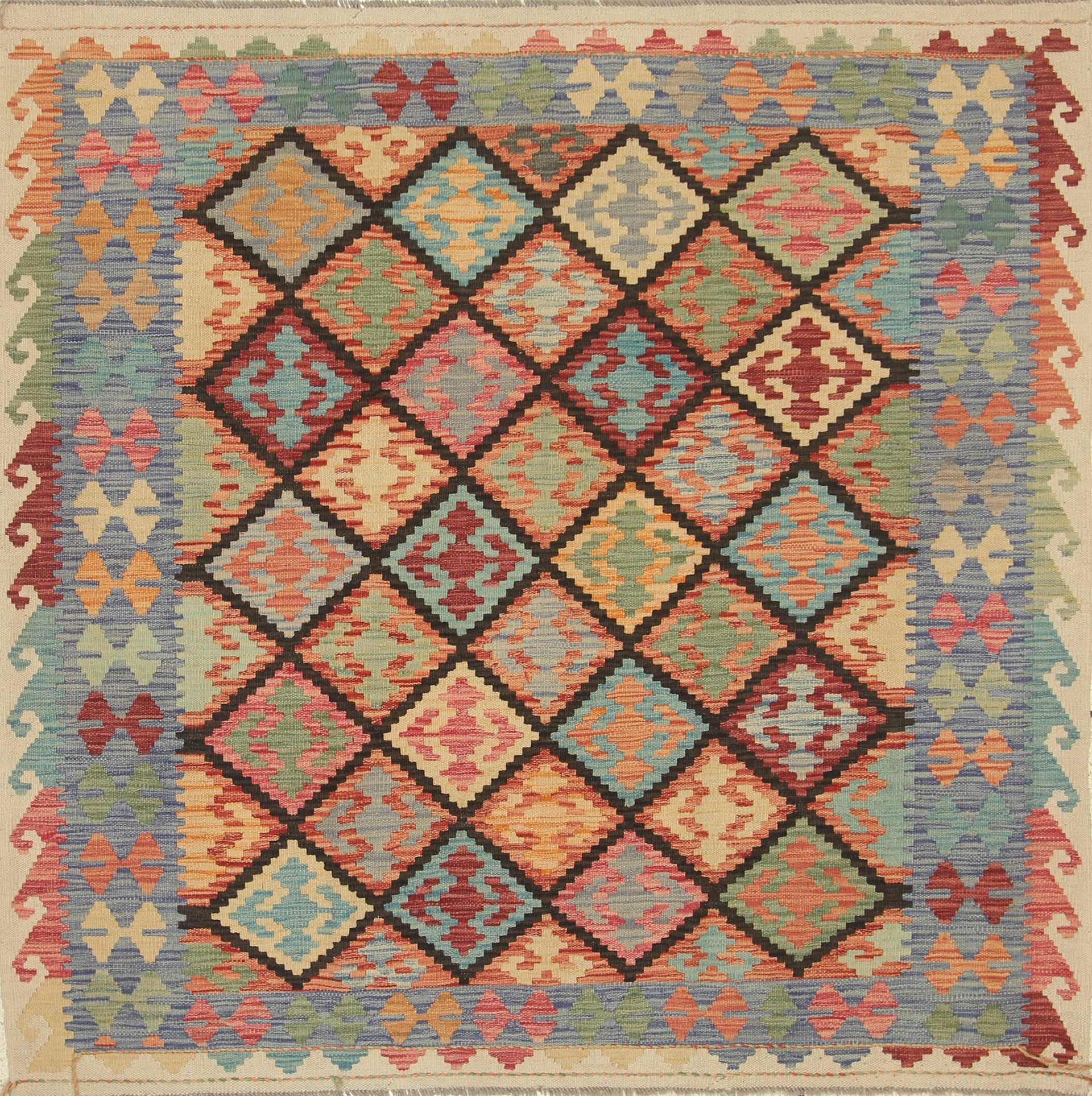 5x5 Multicolor Afghan Handmade Wool Square Kilim Rug