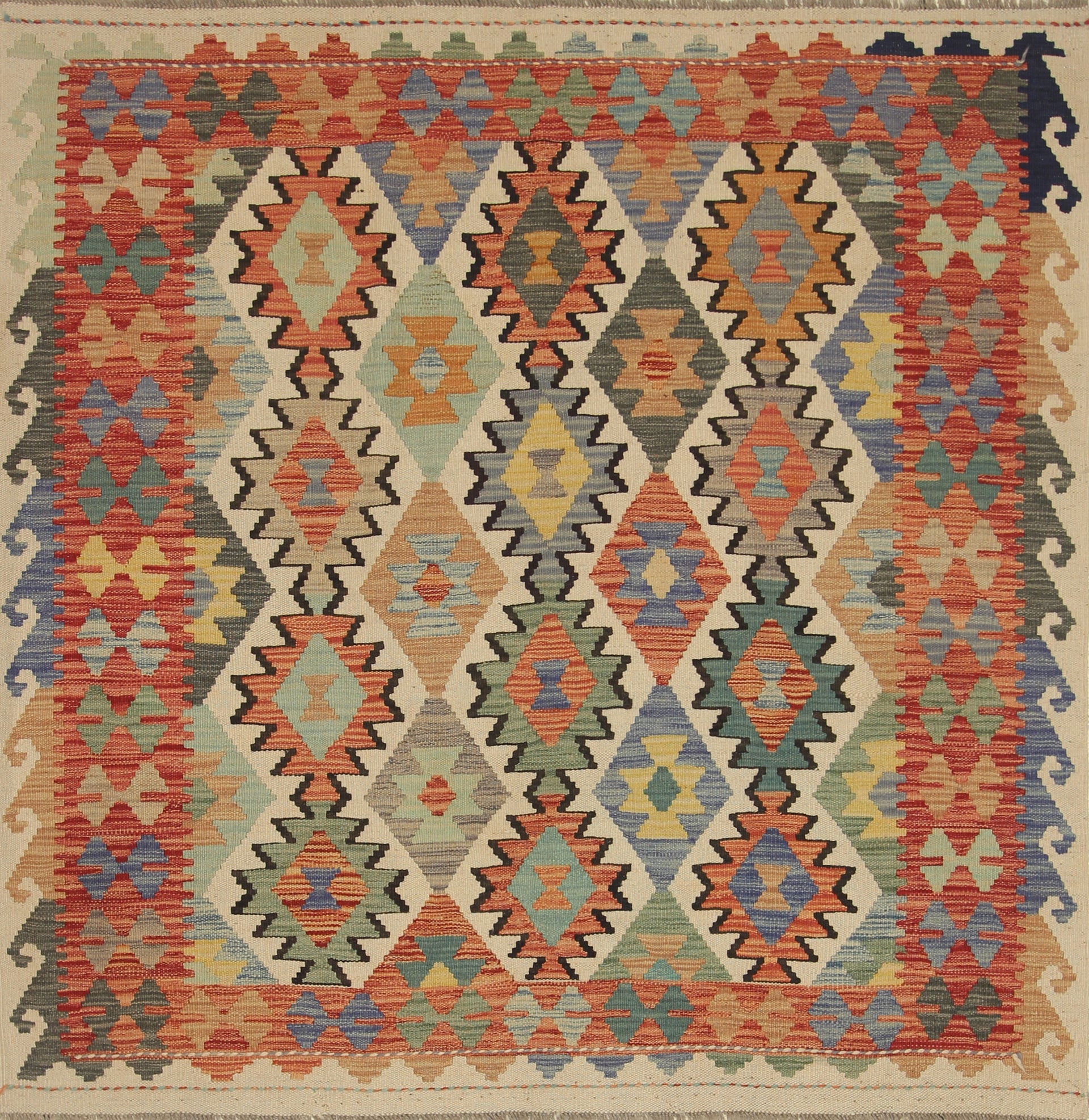 5x5 Ivory Beige Afghan Handmade Wool Square Kilim Rug