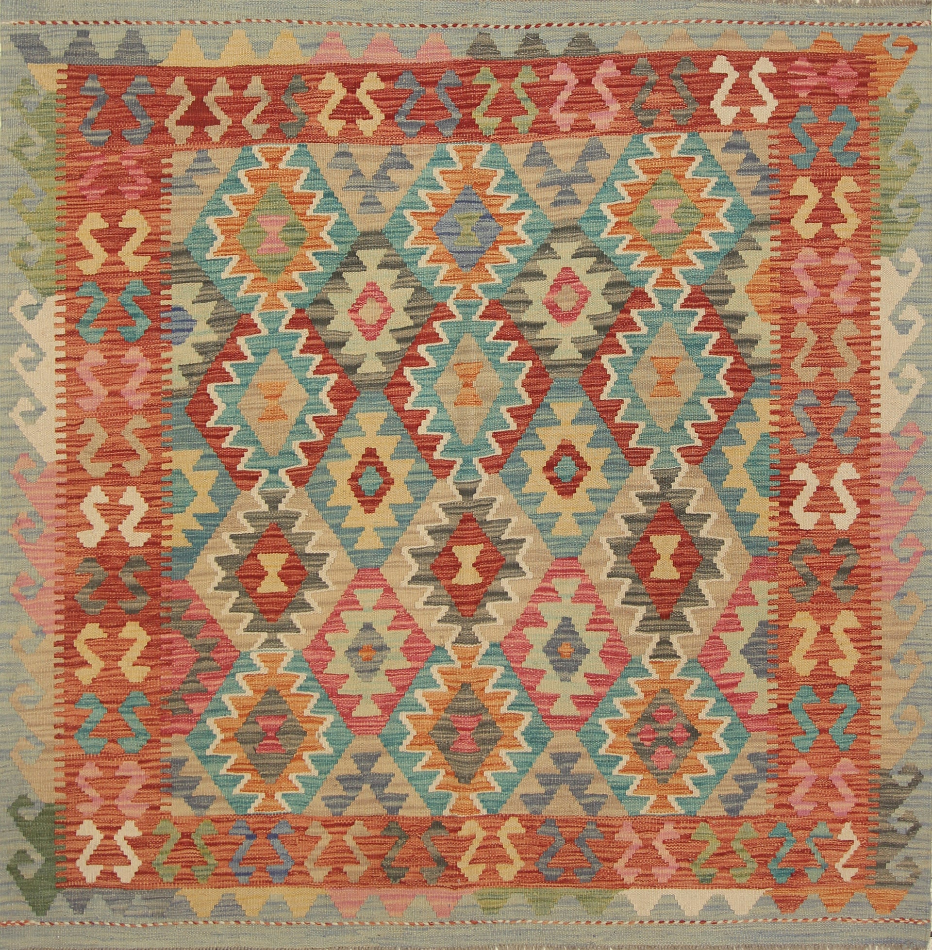 5x5 Blue Afghan Handmade Wool Square Kilim Rug