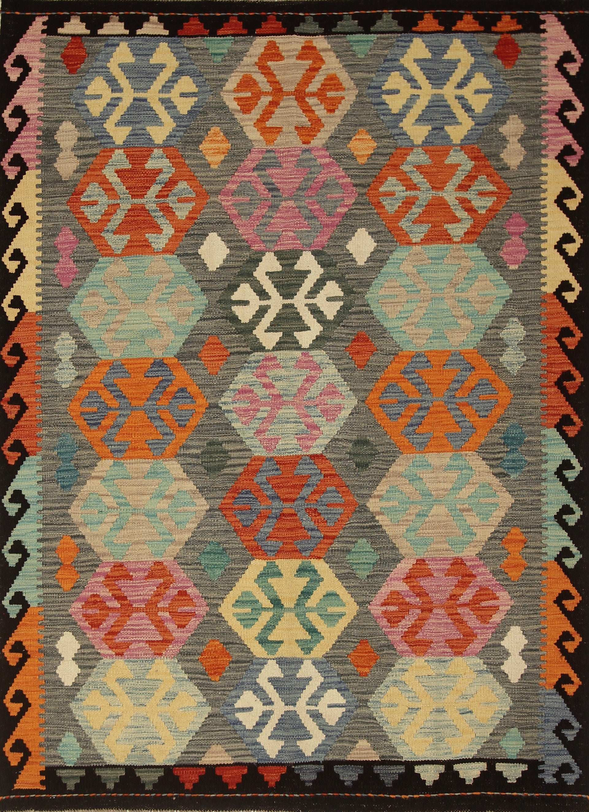 4x6 Gray Afghan Handmade Geometric Kilim Rug