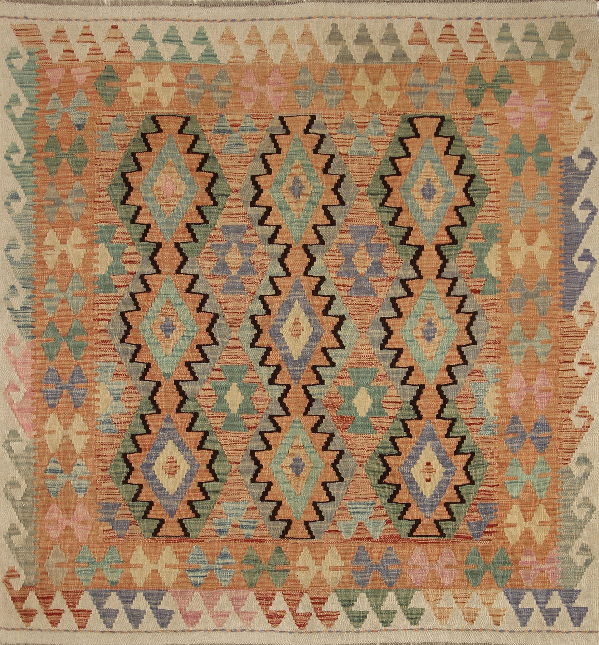 5x5 Peach Orange Afghan Handmade Wool Square Kilim Rug