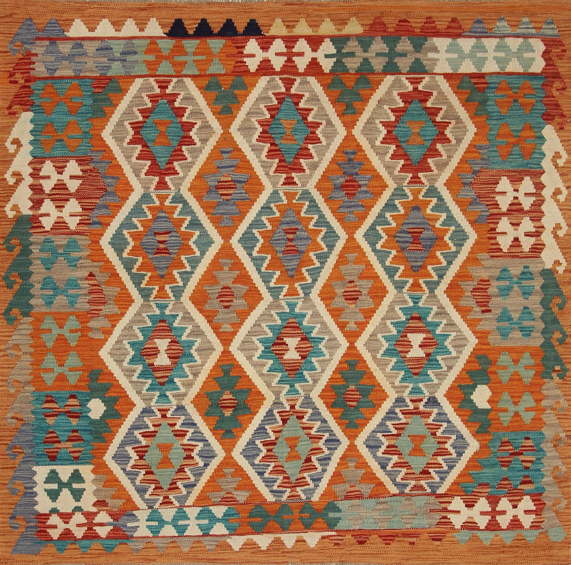 5x5 Orange Afghan Handmade Wool Square Kilim Rug
