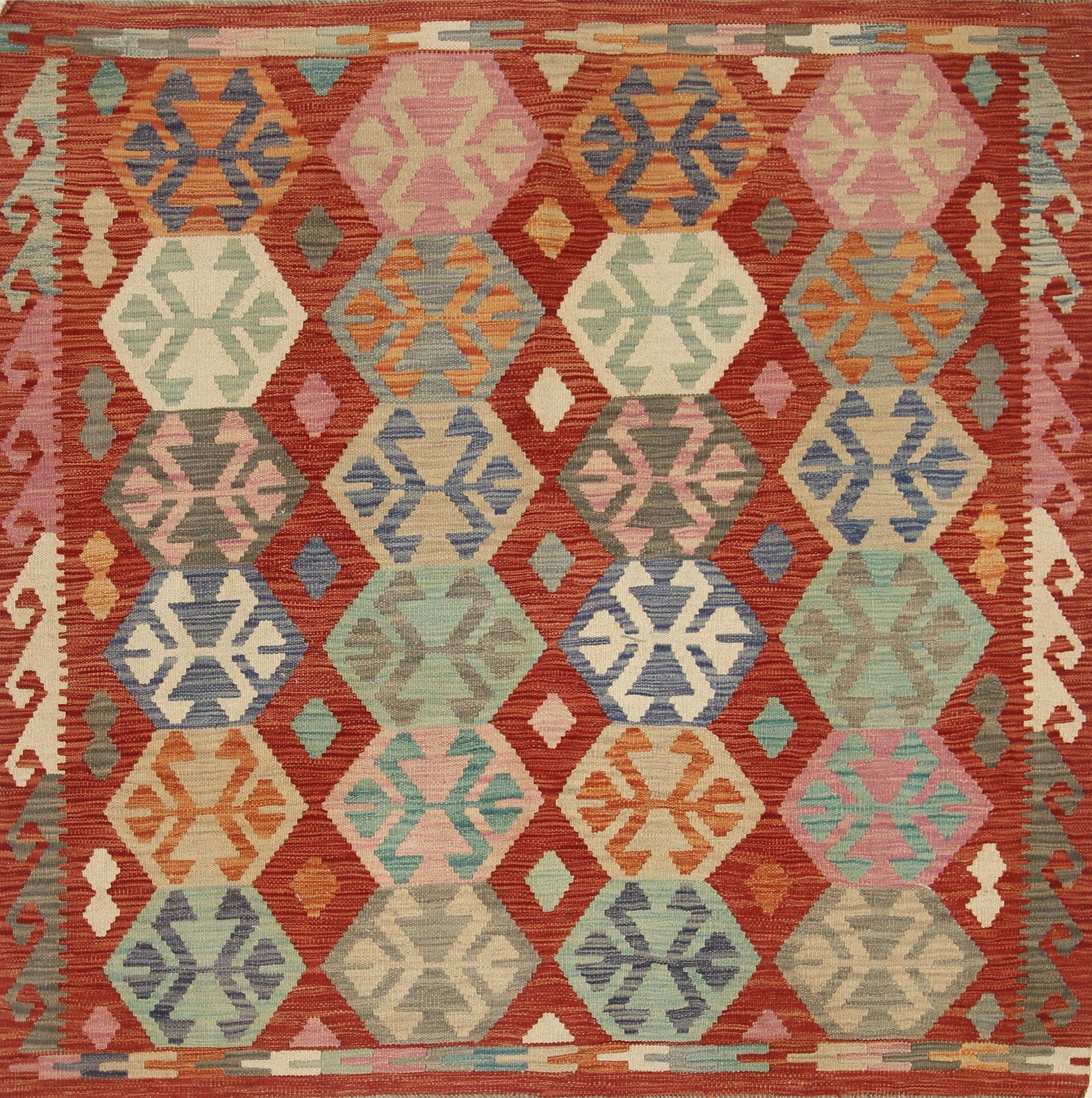 5x5 Red Afghan Handmade Wool Square Kilim Rug