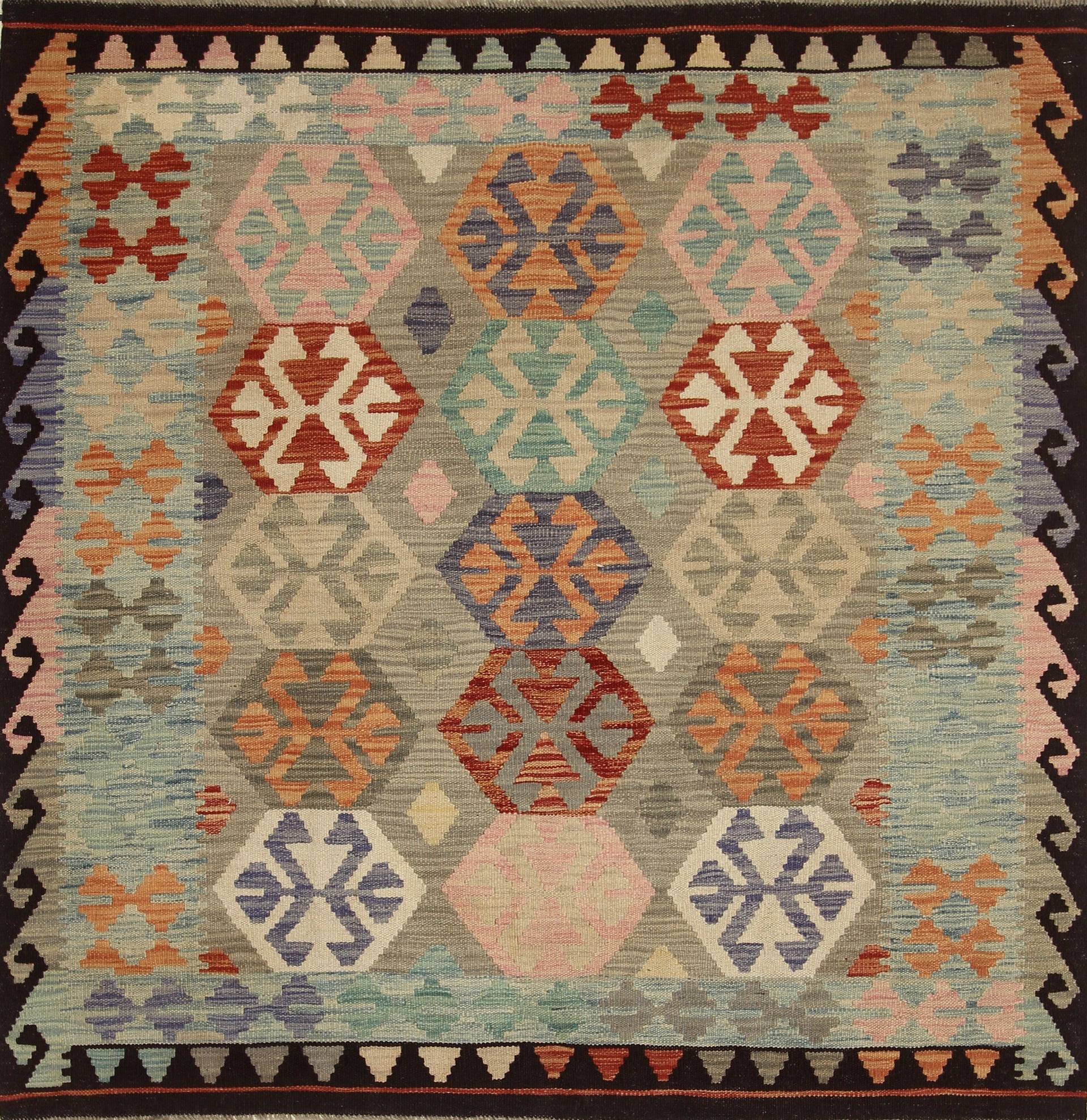 5x5 Gray Afghan Handmade Wool Square Kilim Rug