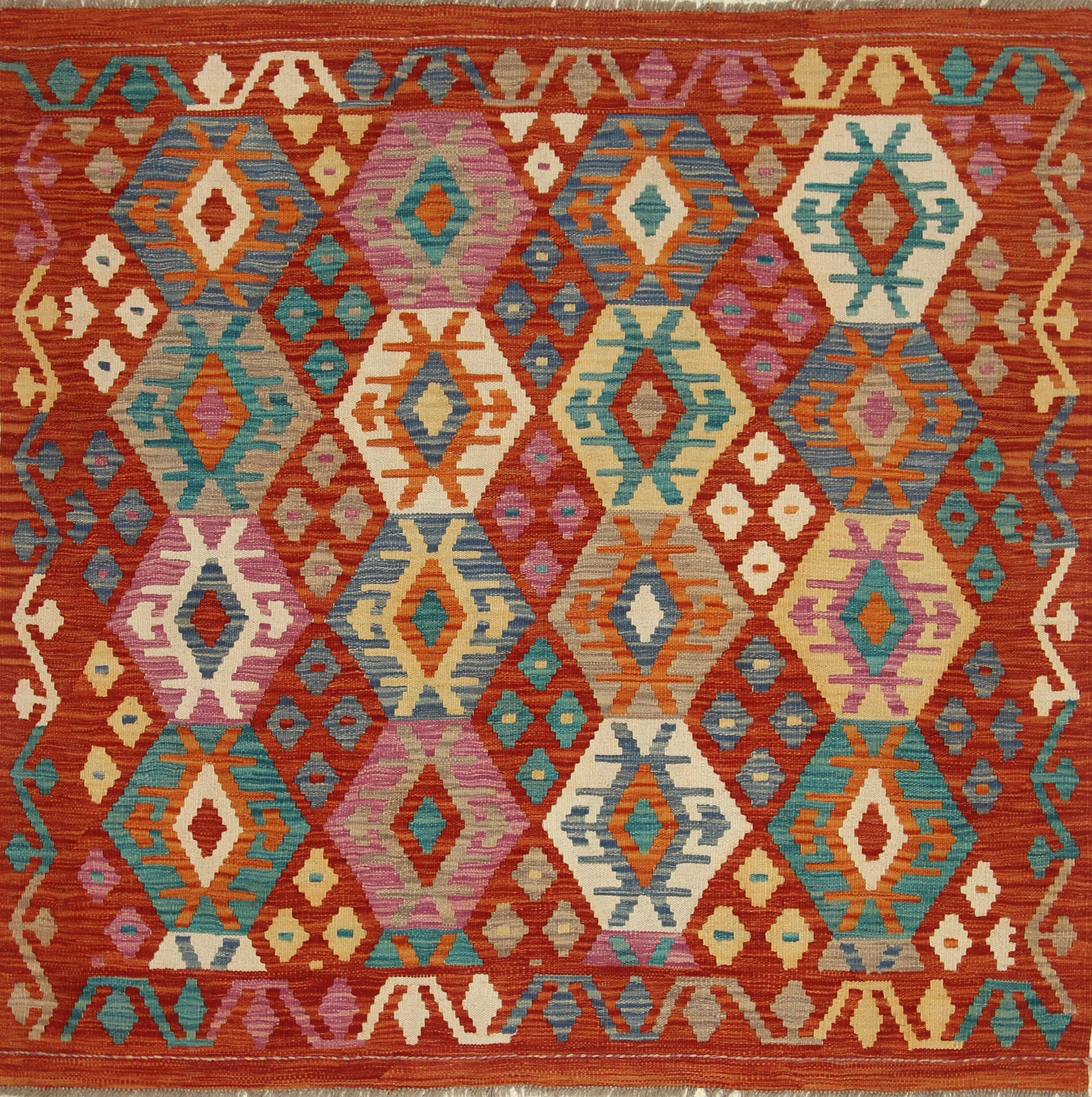 5x5 Red Afghan Handmade Wool Square Kilim Rug