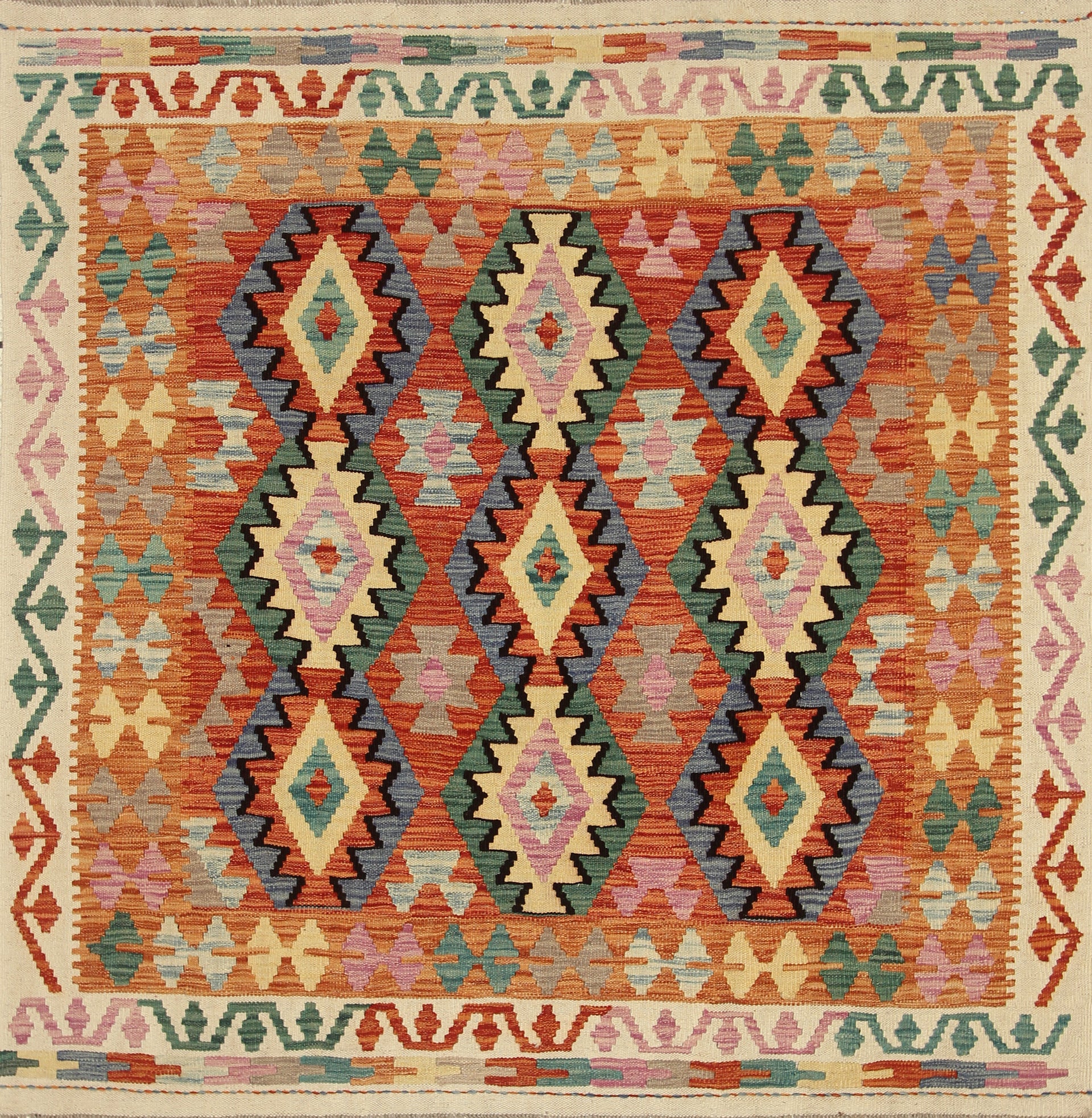 5x5 Red Afghan Handmade Wool Square Kilim Rug