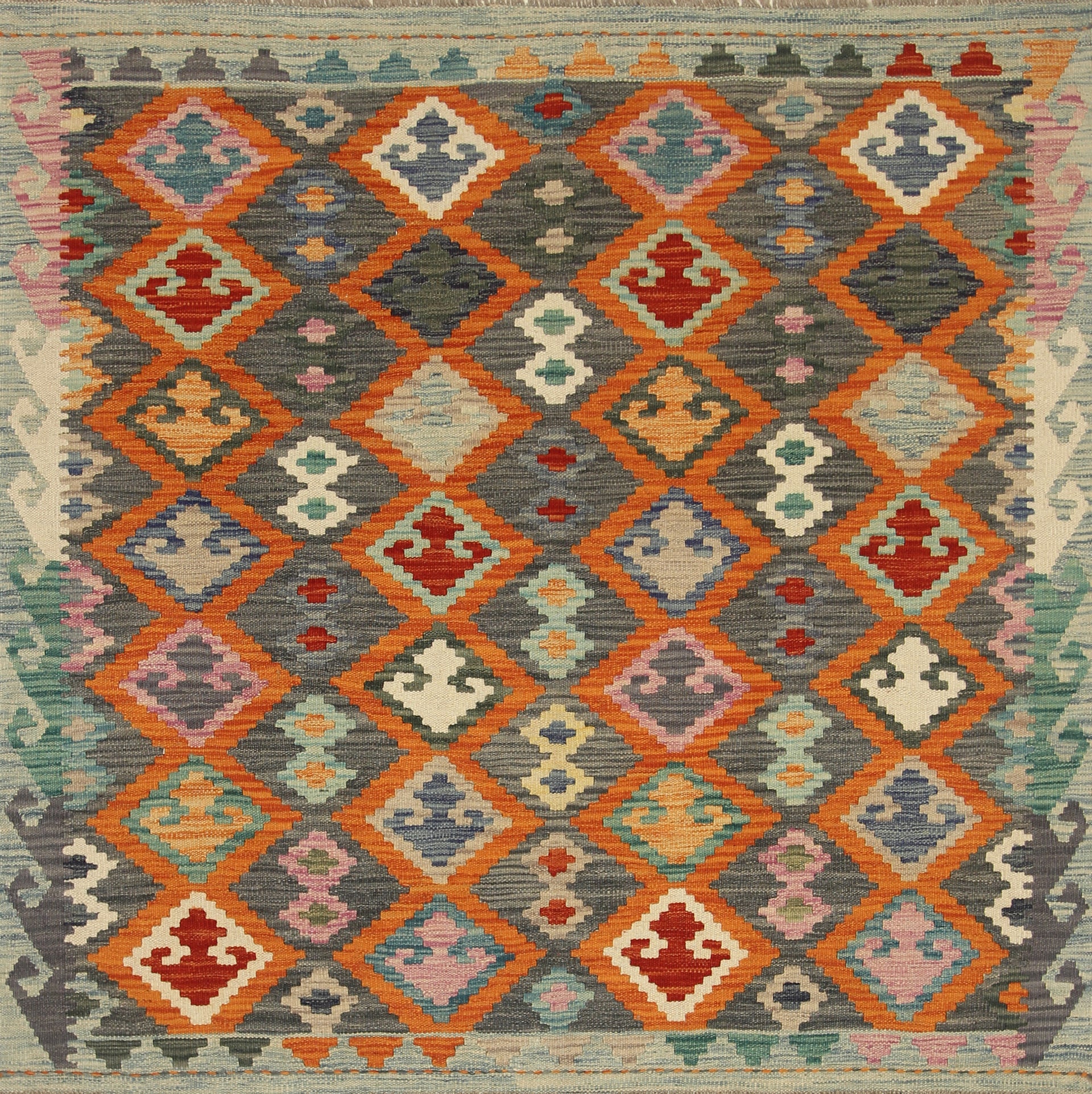 5x5 Orange Afghan Handmade Wool Square Kilim Rug