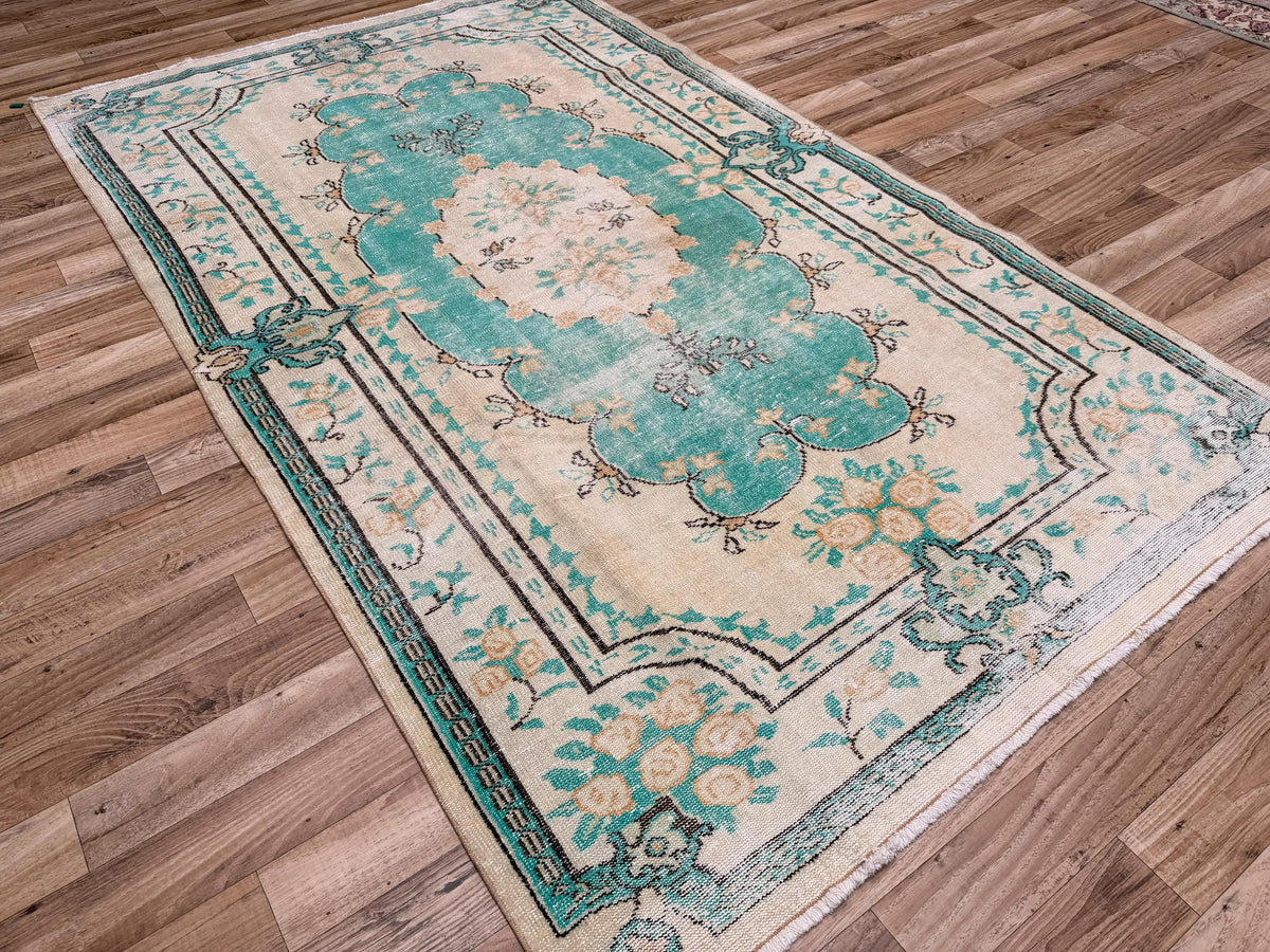 5'10"x9'10" Vintage Turquoise Hand-Knotted Wool Turkish Rug - Yildiz Rugs