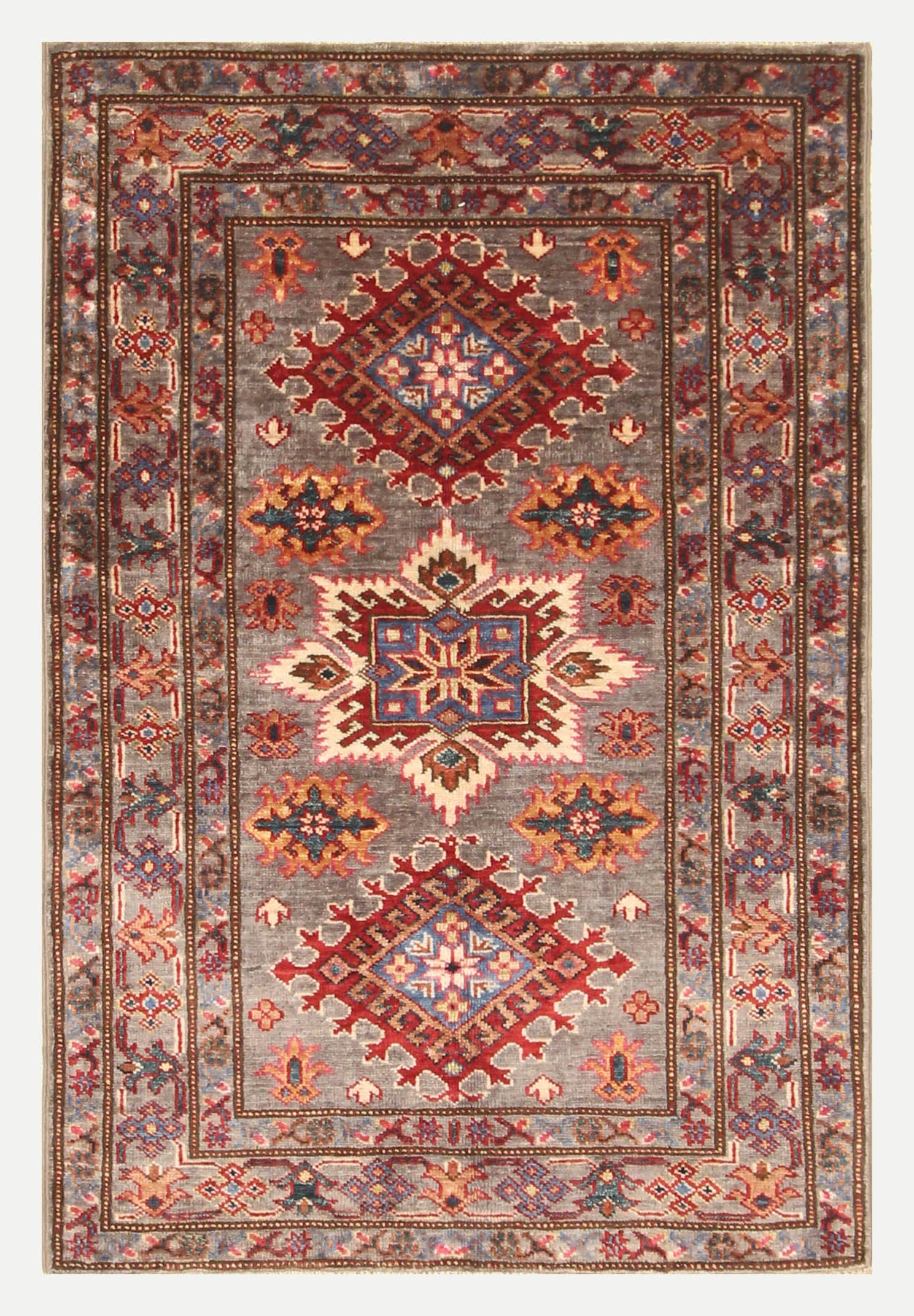 3x4 Gray Kazak Afghan Hand-knotted Wool Area Rug - Yildiz Rugs