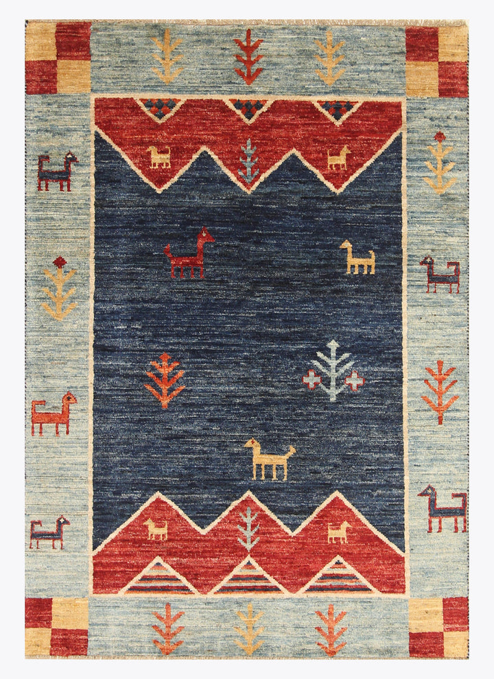 4x6 Navy Blue Tribal Gabbeh Afghan Hand knotted Rug - Yildiz Rugs