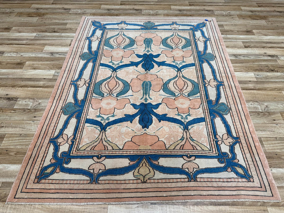 5'9"x7'6" Vintage Peach Blue Hand-Knotted Turkish Rug - Yildiz Rugs