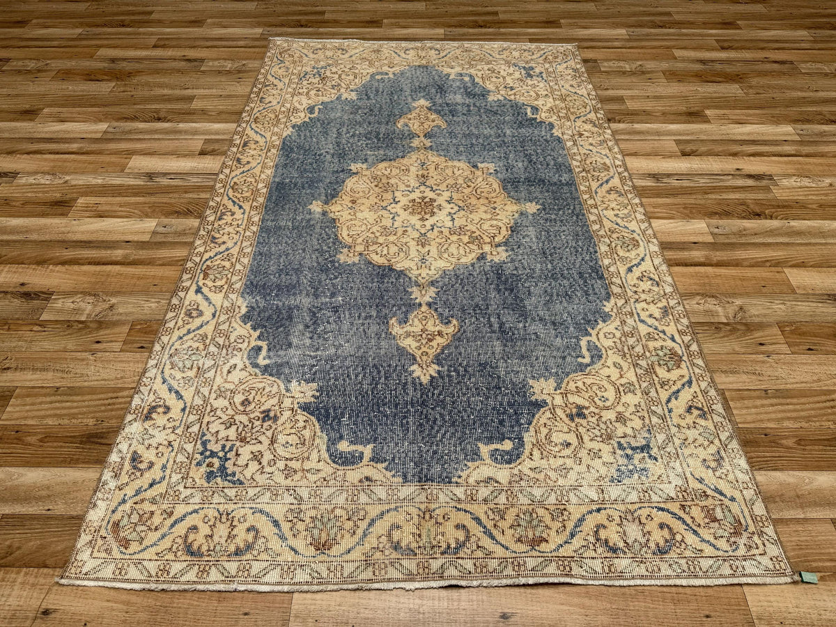 5'4"x9'0" Vintage Denim Blue Hand-Knotted Wool Turkish Rug