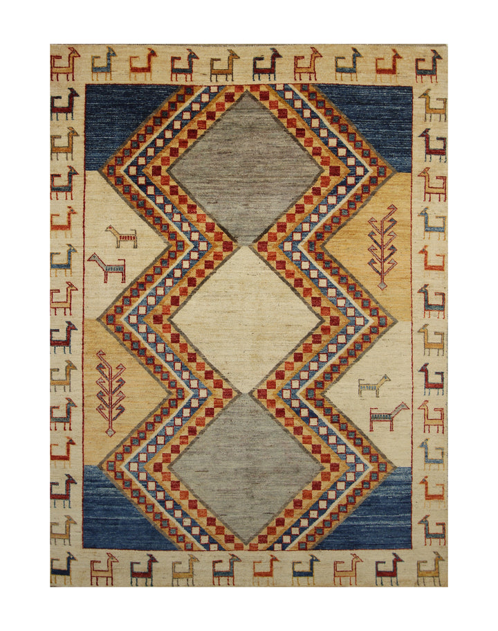 6x8 Beige Tribal Gabbeh Afghan Handmade Rug - Yildiz Rugs