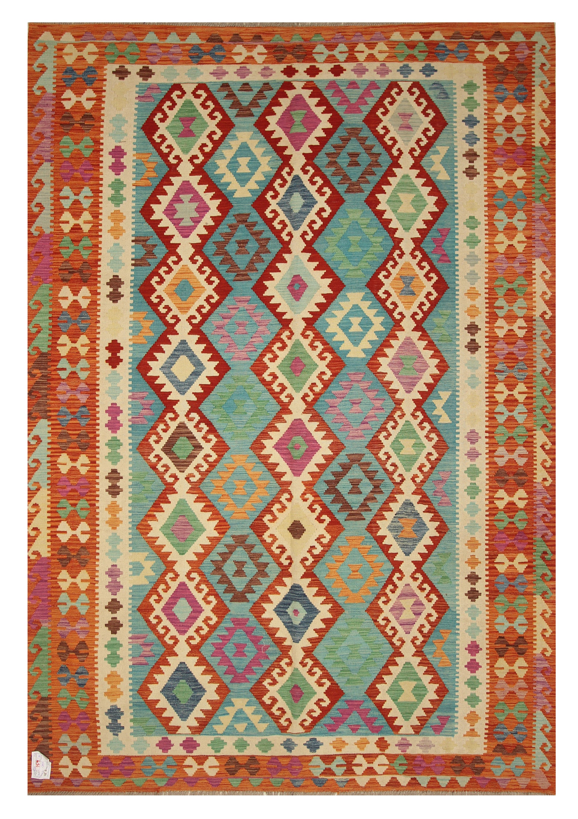 6'11"x9'10" Blue Red Handmade Afghan Wool Kilim Rug