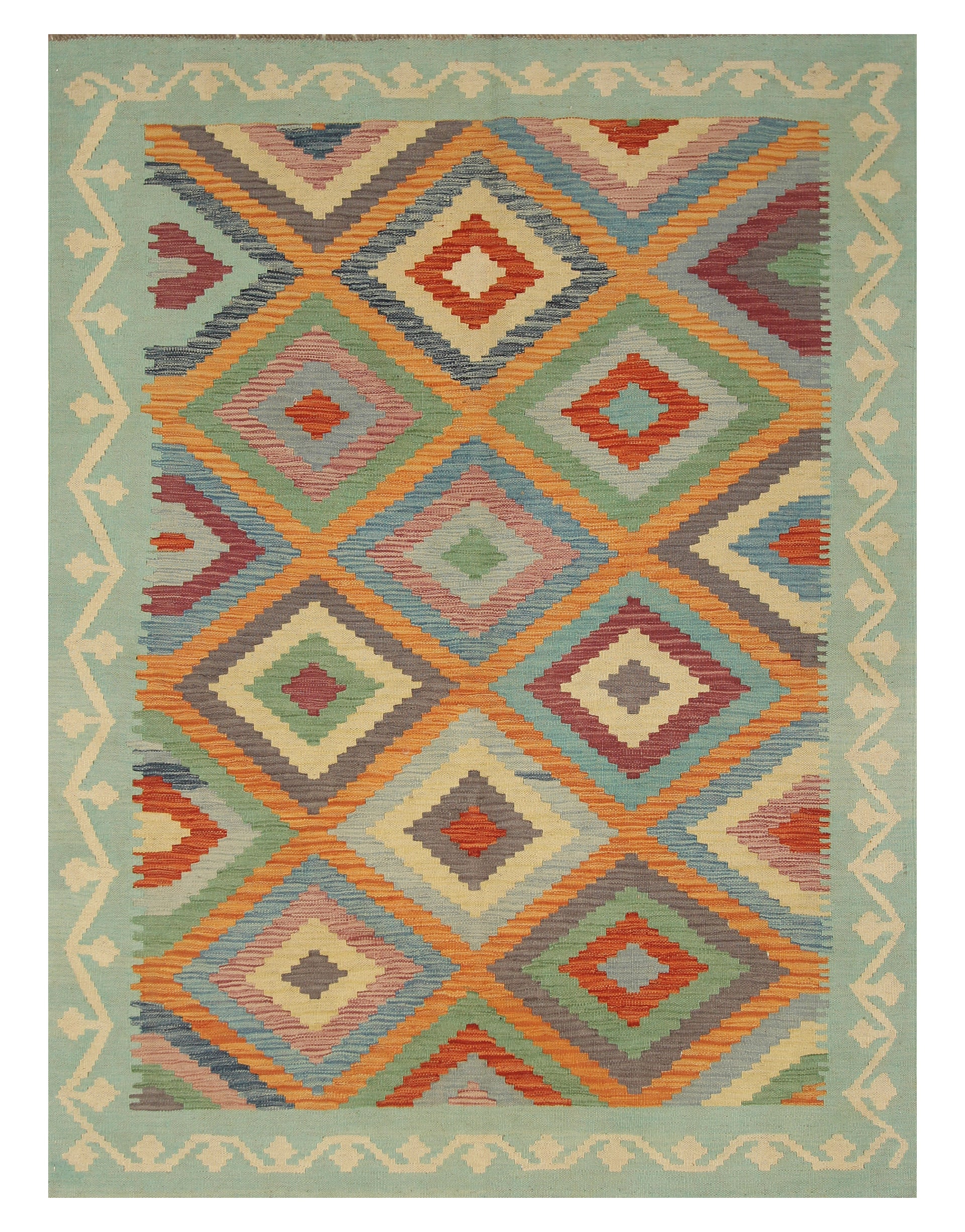 5x7 Orange Blue Afghan Handmade Wool Kilim Rug