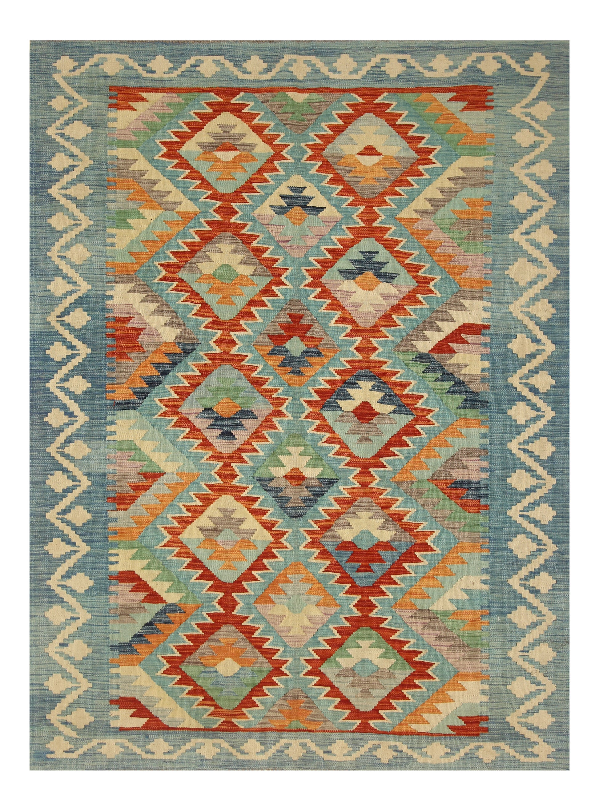 5x7 Blue Red Afghan Handmade Wool Kilim Rug