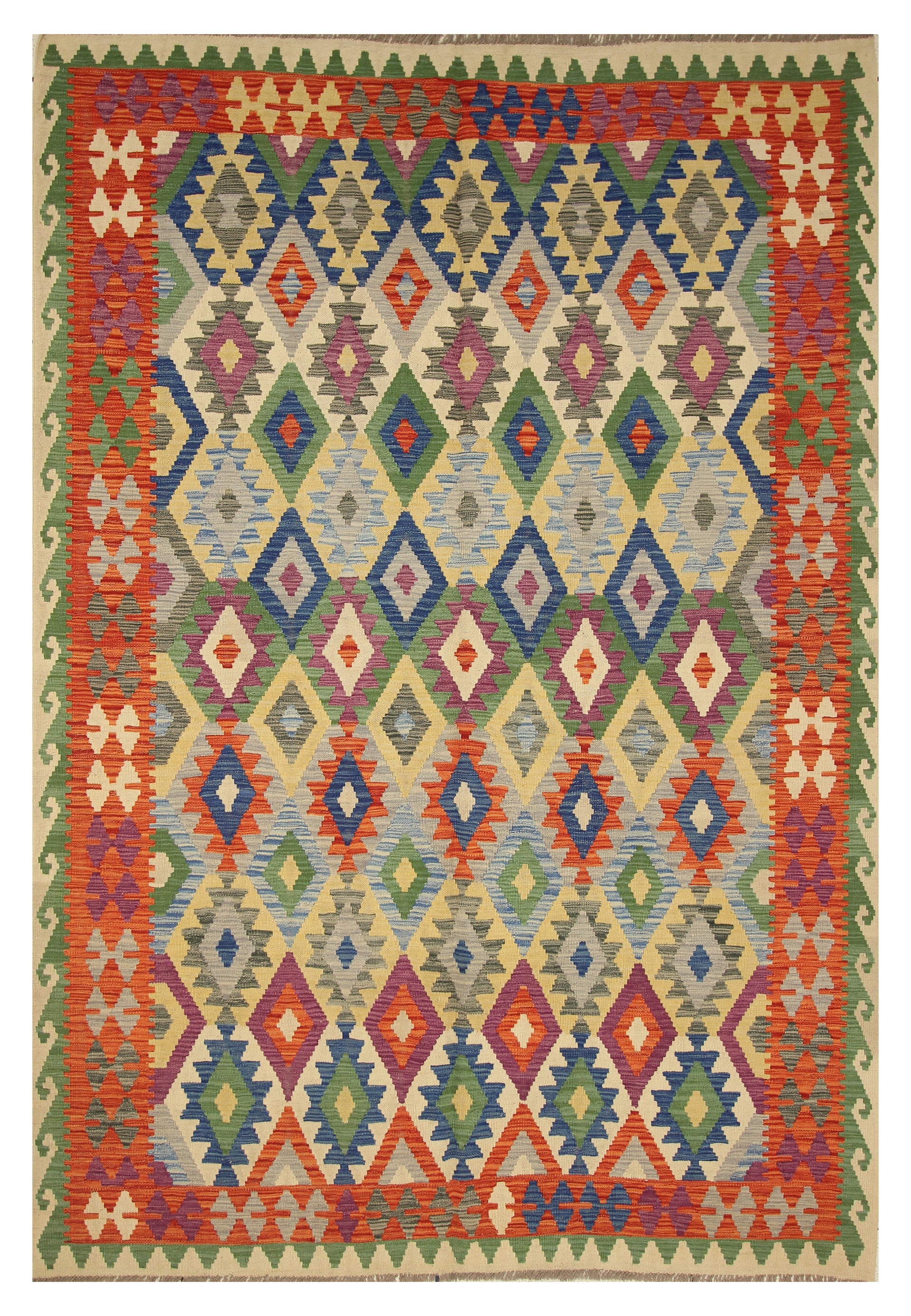 6'8"x9'6" Ivory Multicolor Afghan Handmade  Wool Kilim Rug