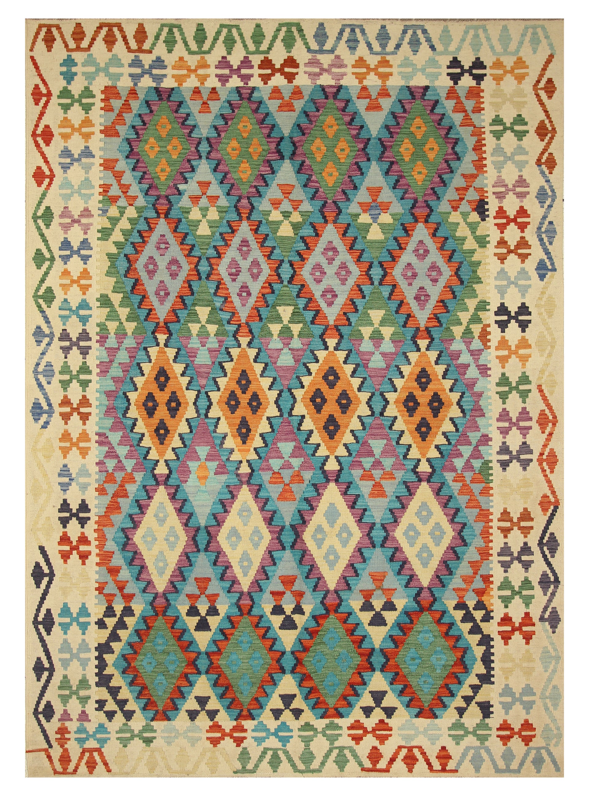 6'10"x9'8" Blue Ivory Afghan Handmade Wool Kilim Rug