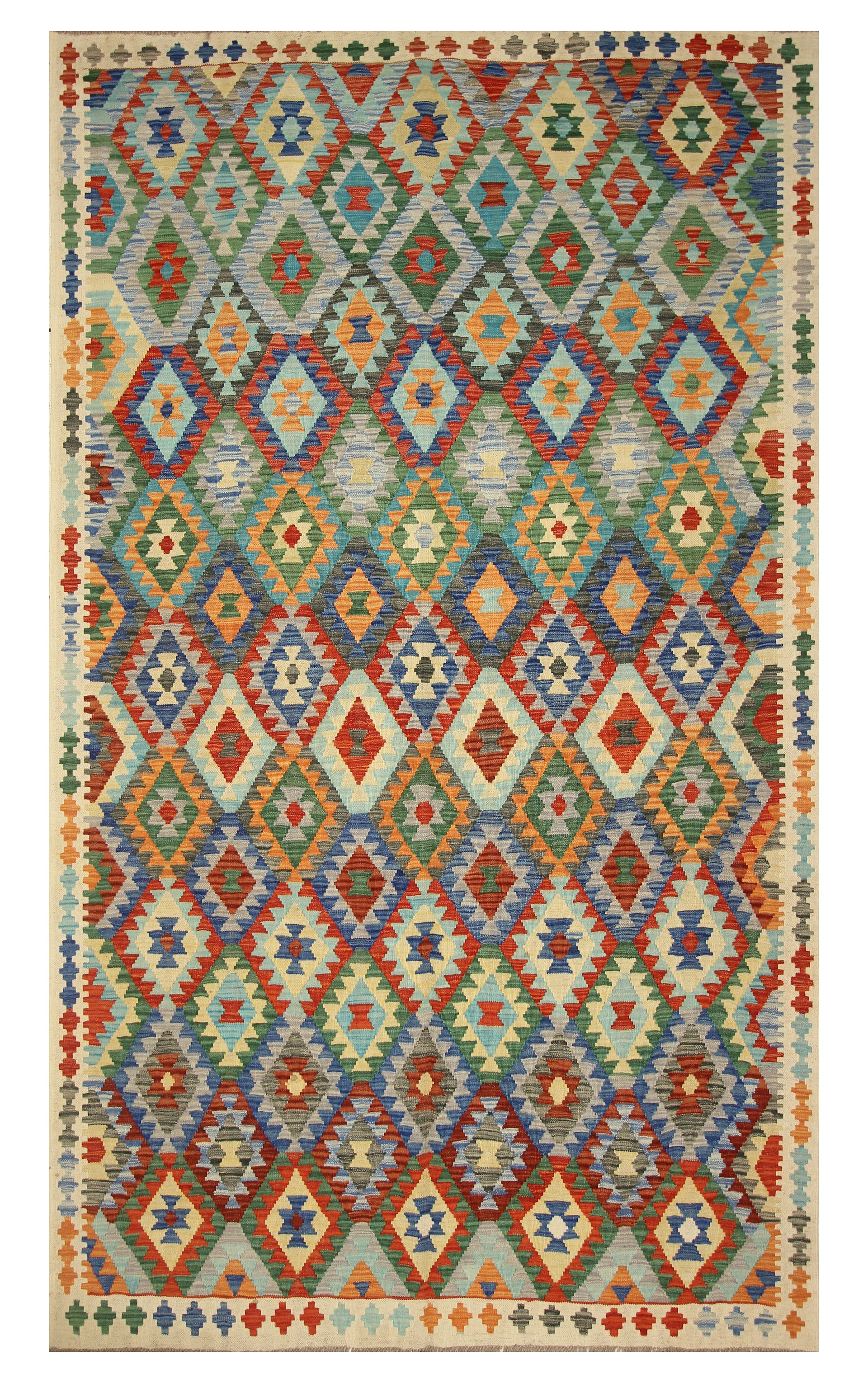 6'6"x9'10" Blue Ivory Afghan Handmade Wool Kilim Rug