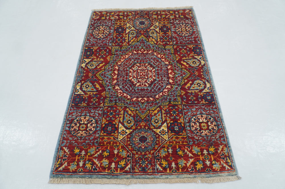 2' x 3' Red Blue Turkish Mamluk Hand Medallion Accent Rug - Yildiz Rugs