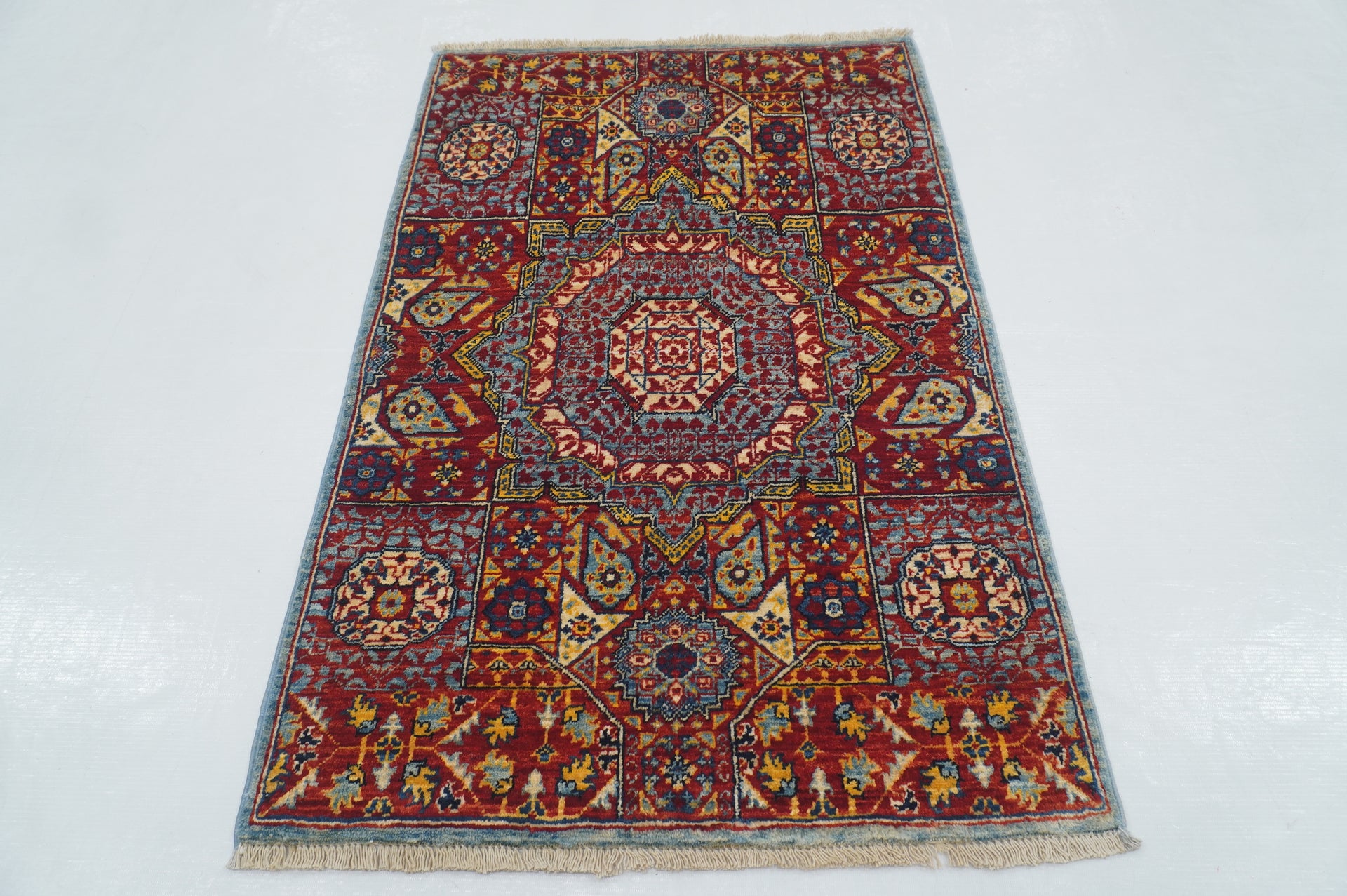 2' x 3' Red Blue Turkish Mamluk Hand Medallion Accent Rug - Yildiz Rugs