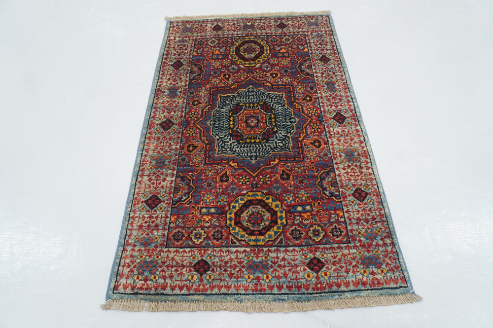 2' x 3' Red Blue Turkish Mamluk Hand Medallion Accent Rug - Yildiz Rugs