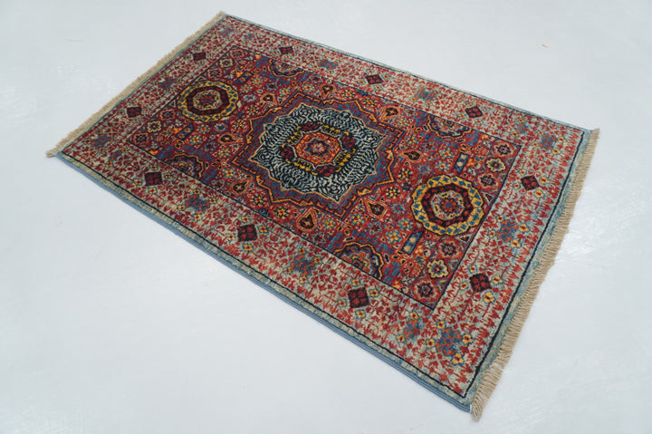 2' x 3' Red Blue Turkish Mamluk Hand Medallion Accent Rug - Yildiz Rugs