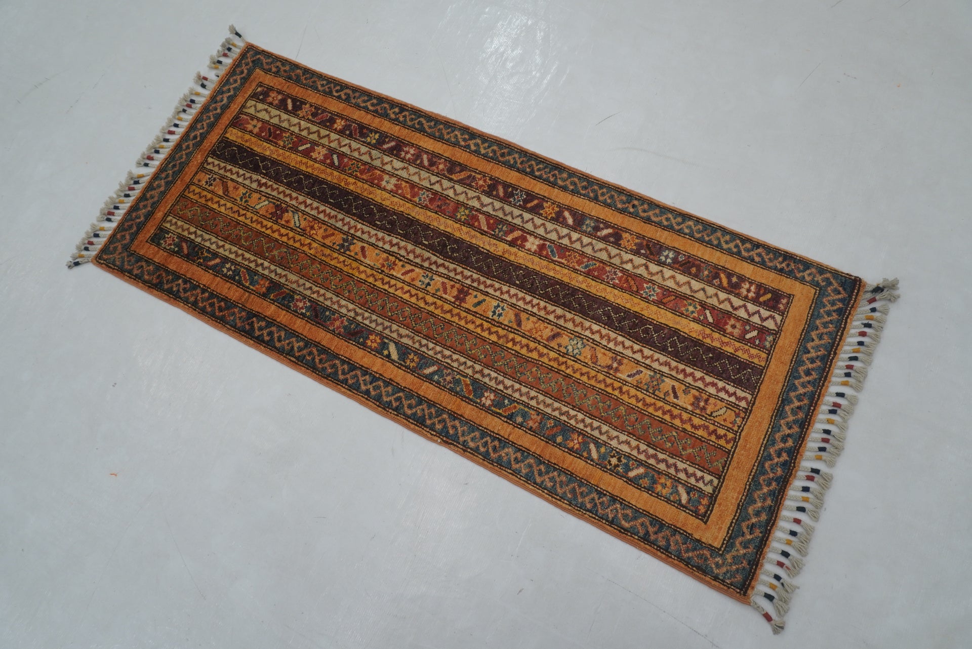 2x5 ft Orange Turkish Shawl Pattern Hand knotted Runner Rug