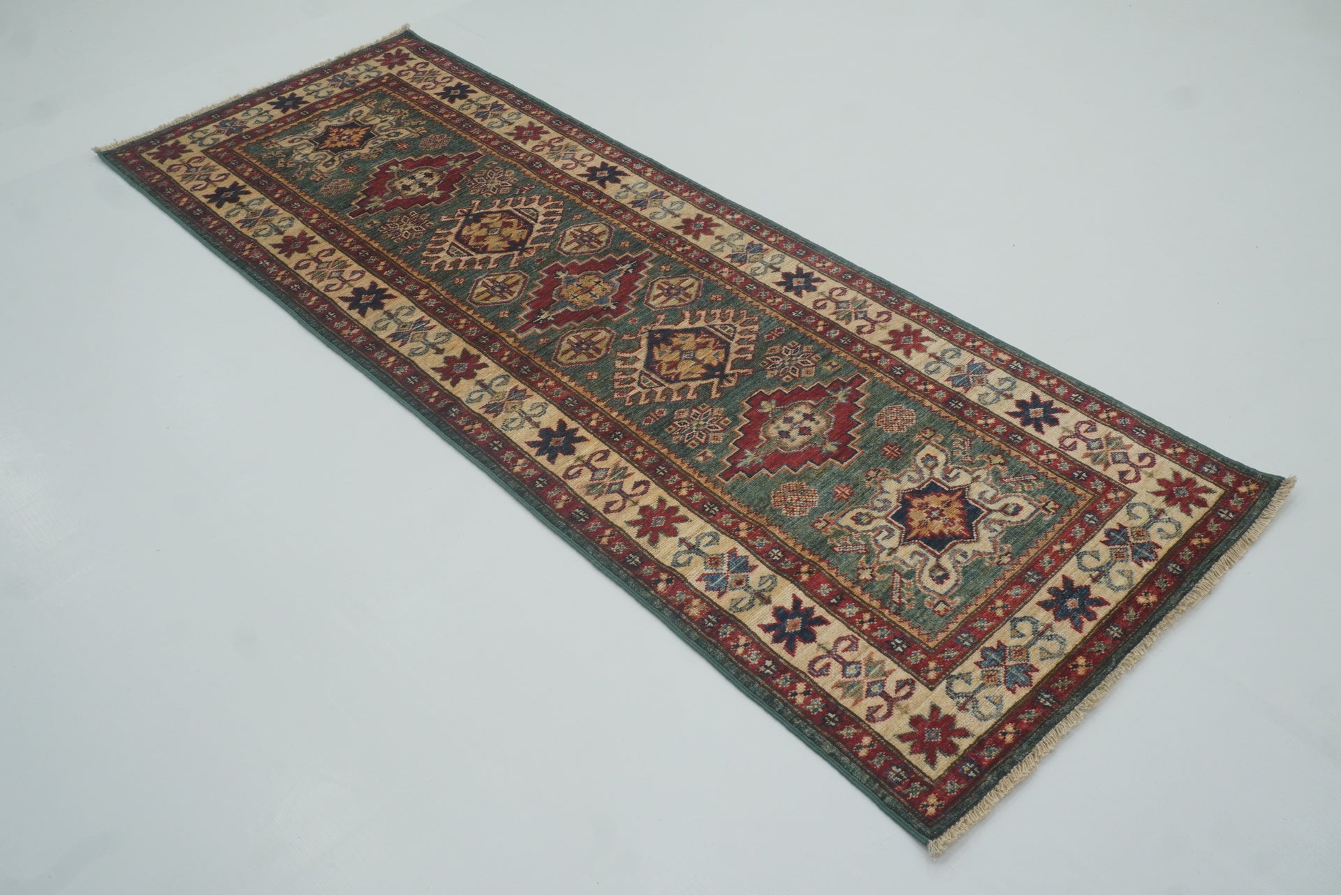 7 ft Kazak Green Afghan Hand Knotted Runner Rug - Yildiz Rugs