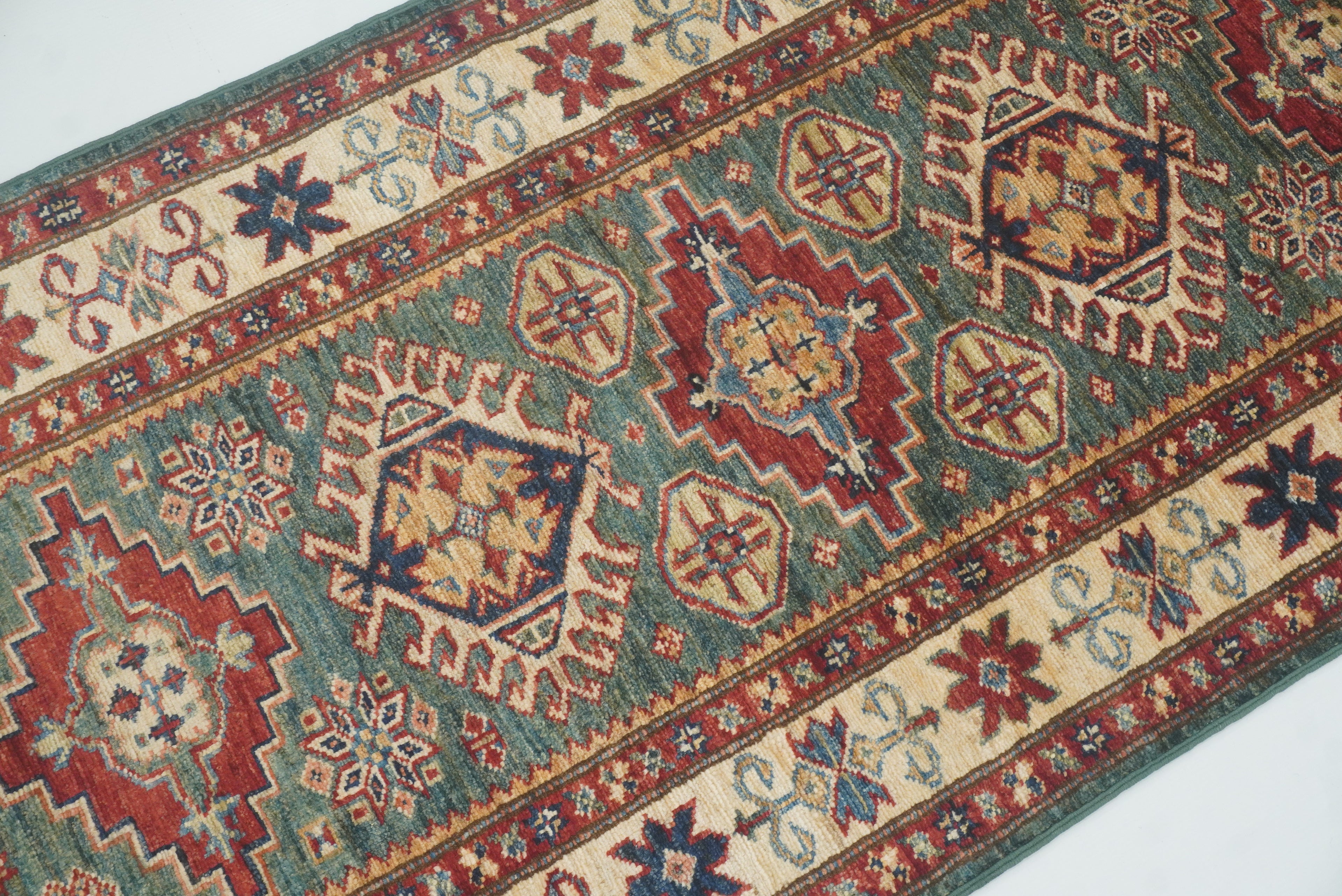7 ft Kazak Green Afghan Hand Knotted Runner Rug - Yildiz Rugs