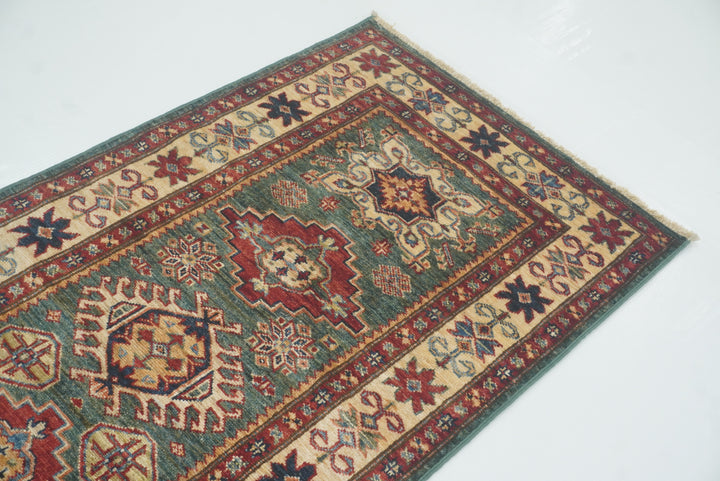 7 ft Kazak Green Afghan Hand Knotted Runner Rug - Yildiz Rugs