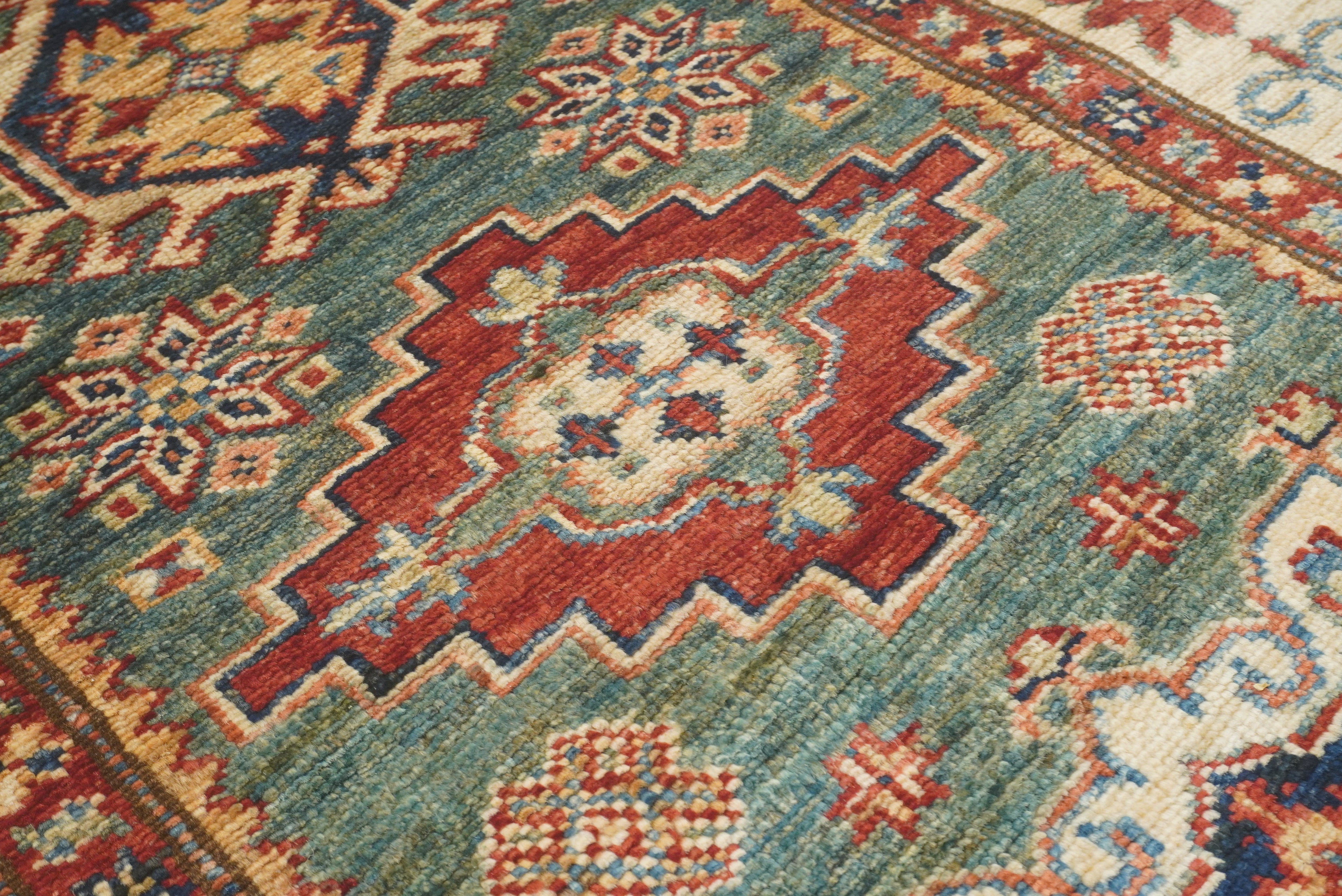 7 ft Kazak Green Afghan Hand Knotted Runner Rug - Yildiz Rugs