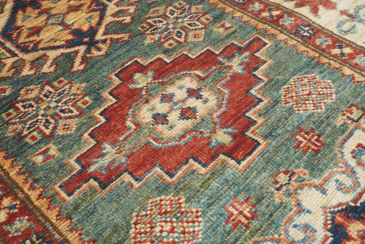 7 ft Kazak Green Afghan Hand Knotted Runner Rug - Yildiz Rugs