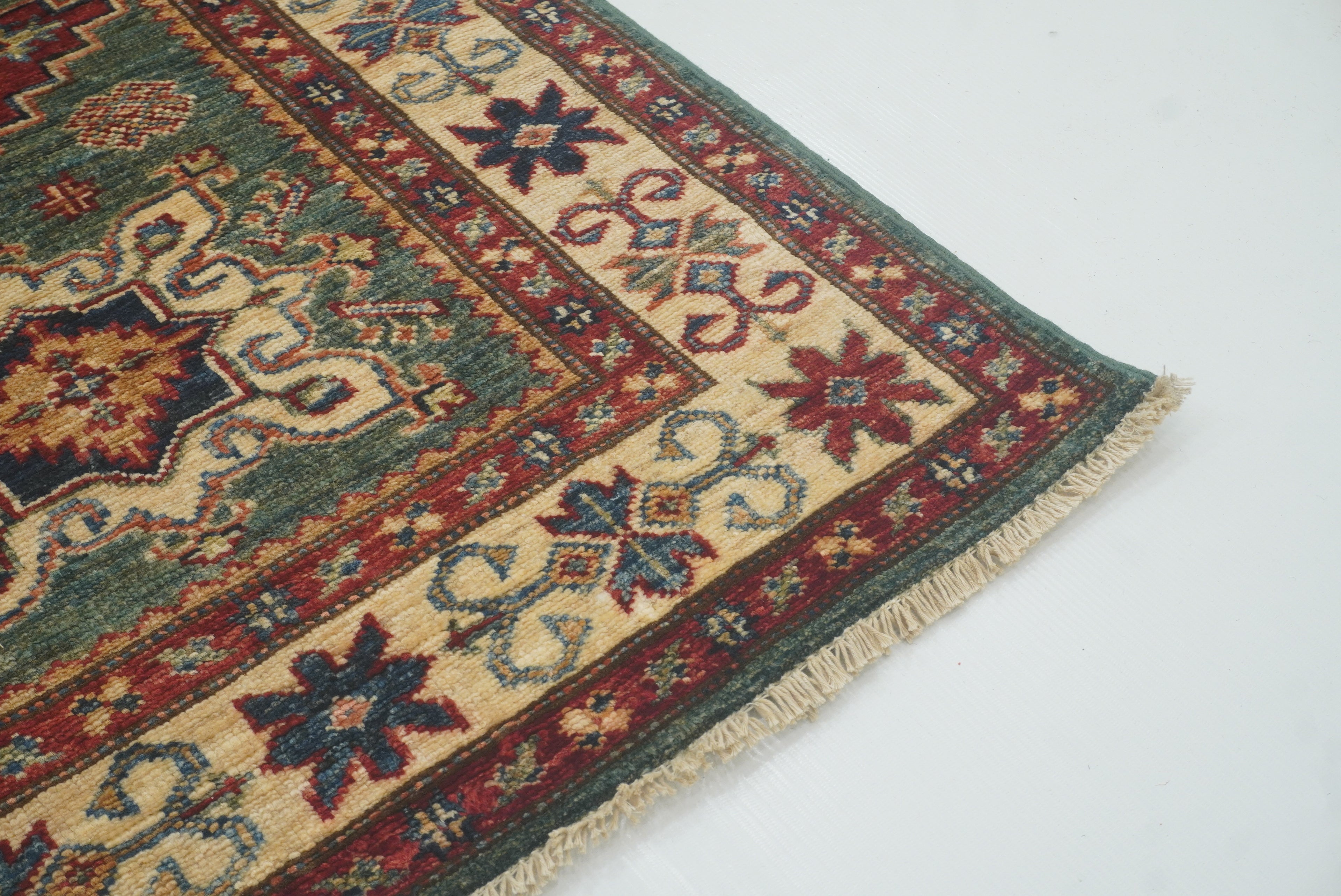 7 ft Kazak Green Afghan Hand Knotted Runner Rug - Yildiz Rugs